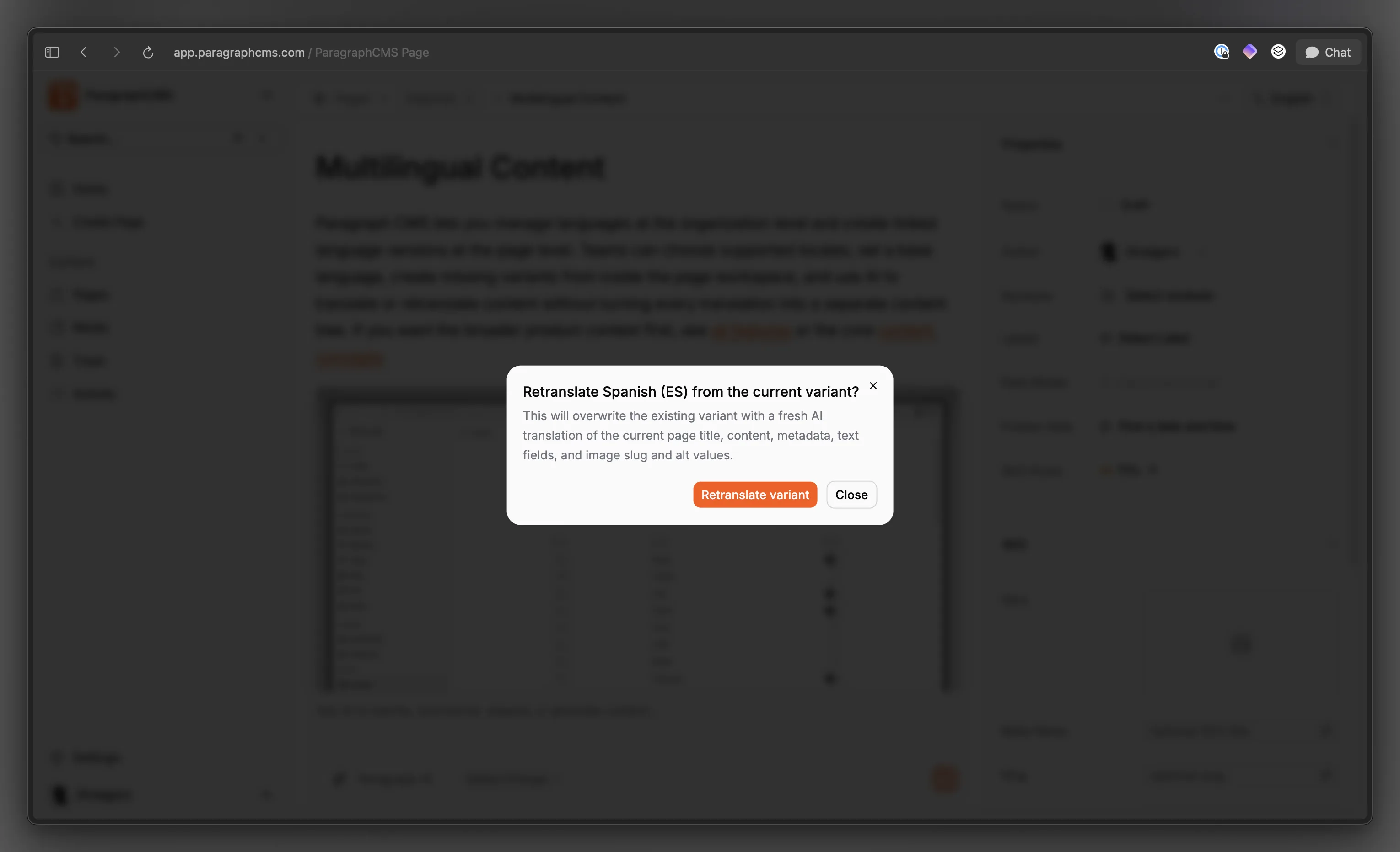 Retranslate confirmation dialog warning that the existing target variant will be overwritten.