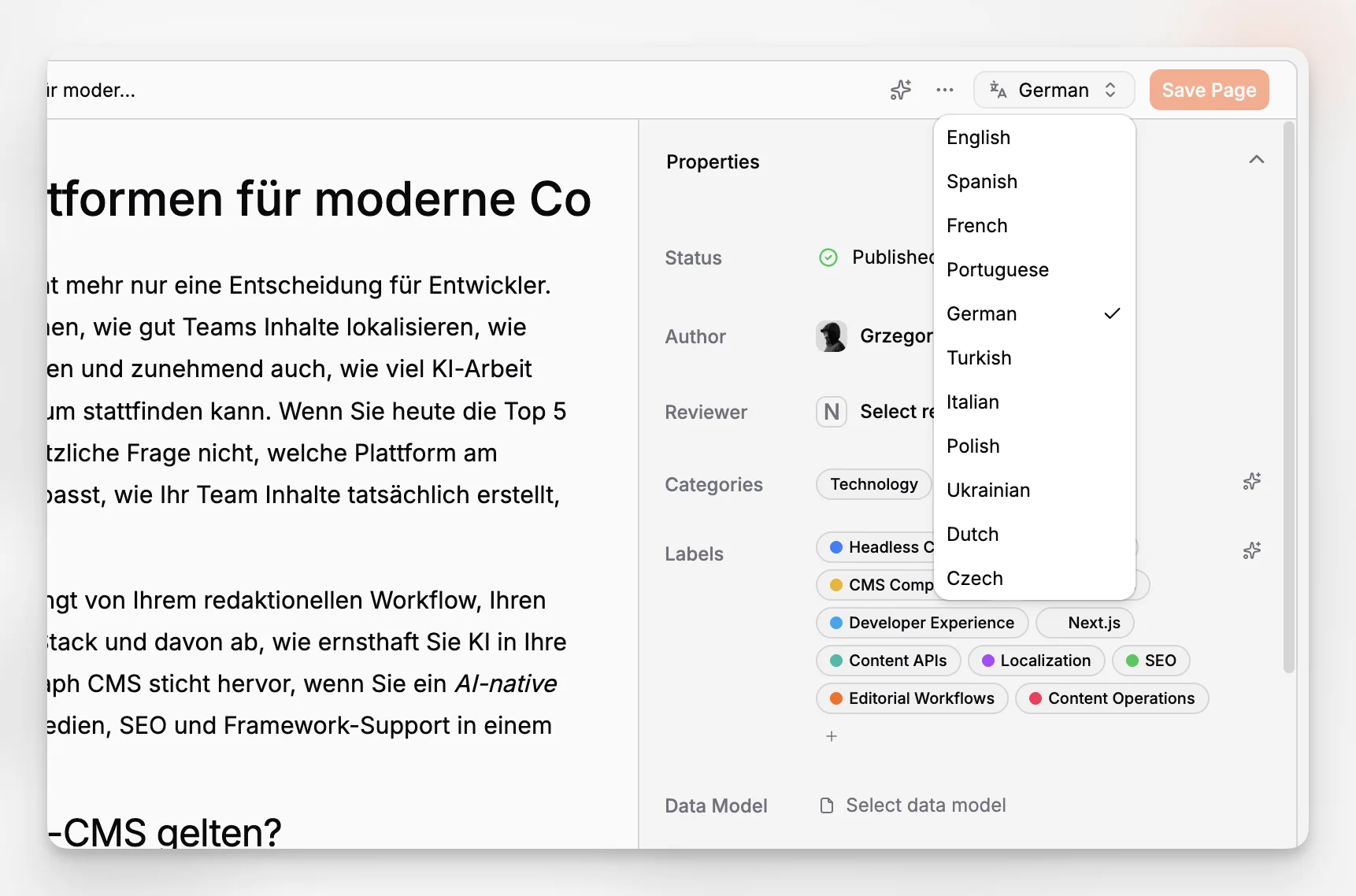 A localized content editor with language variants displayed side by side