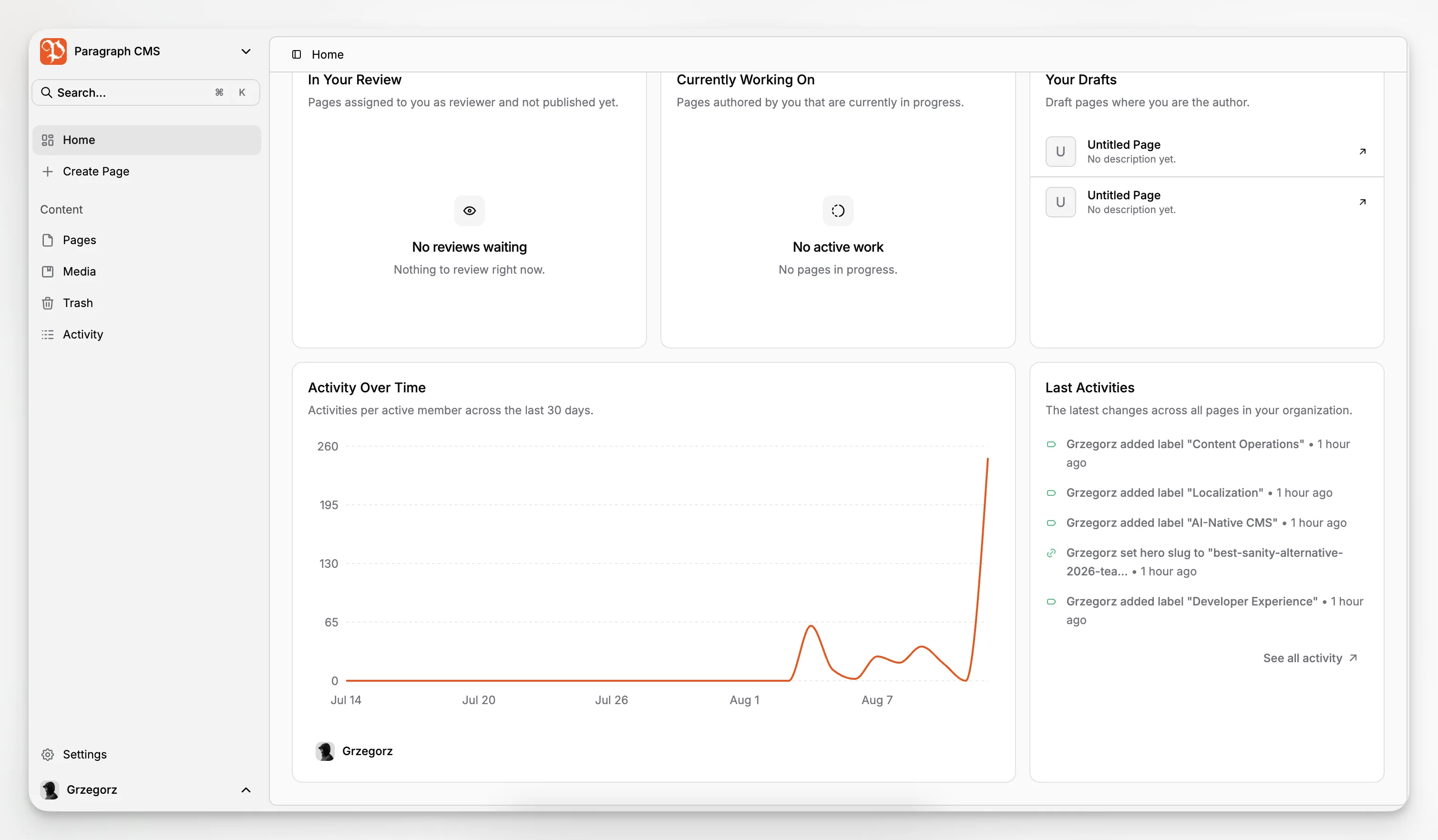 A headless CMS home screen showing AI, SEO, CDN, and automation capabilities