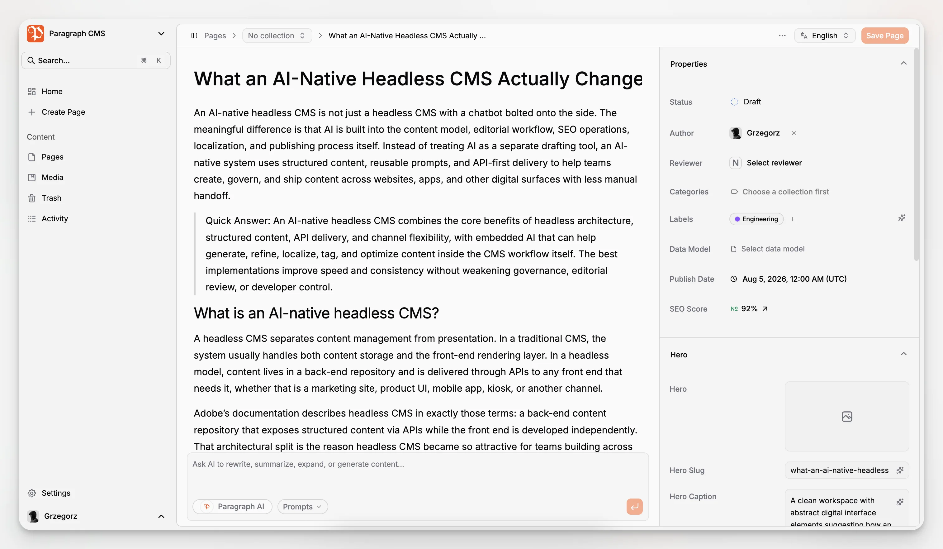 Tela do editor do Paragraph CMS com escrita assistida por IA e controles de edição de conteúdo