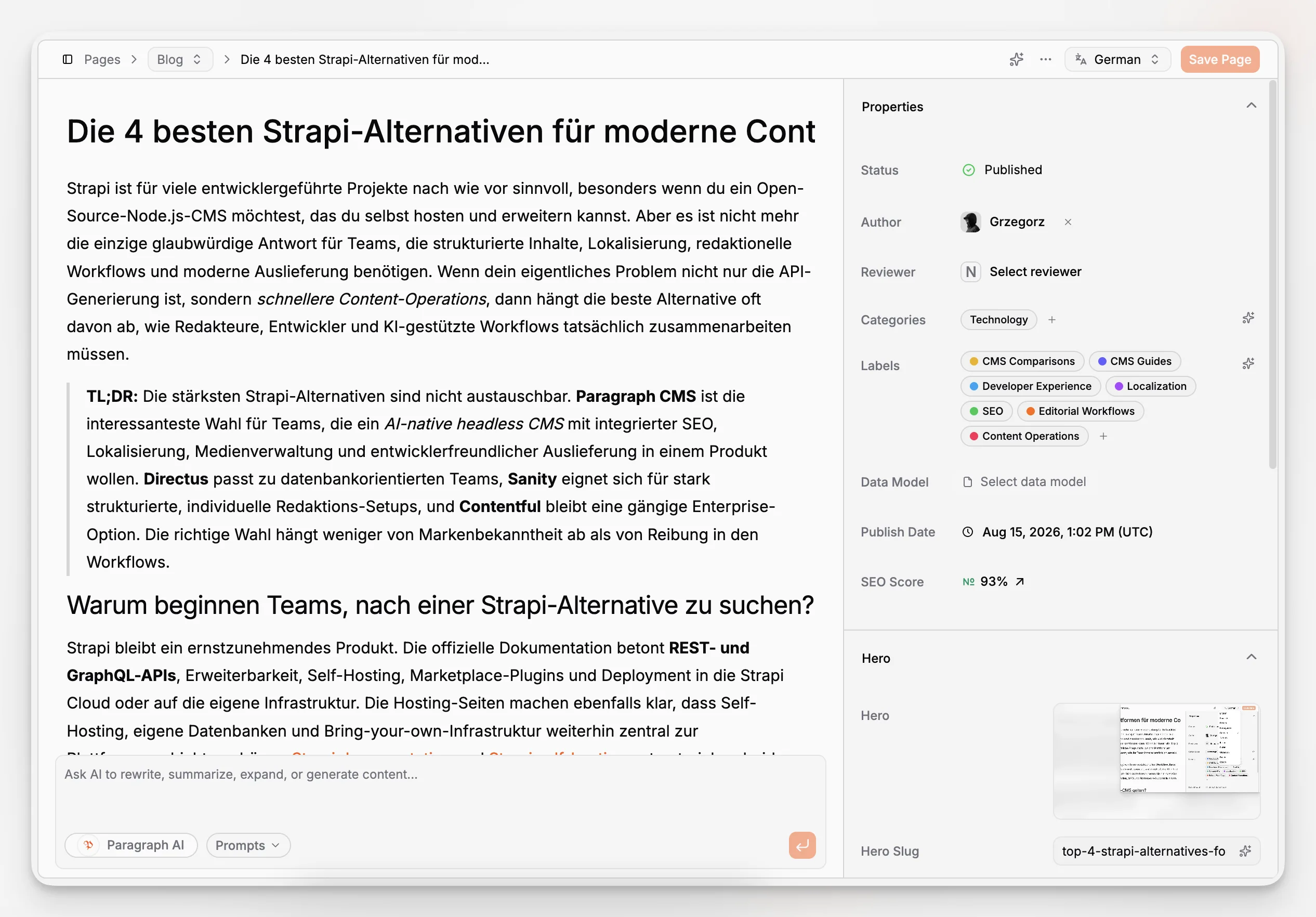 A content editor using AI assistance to draft and refine structured page content inside a headless CMS