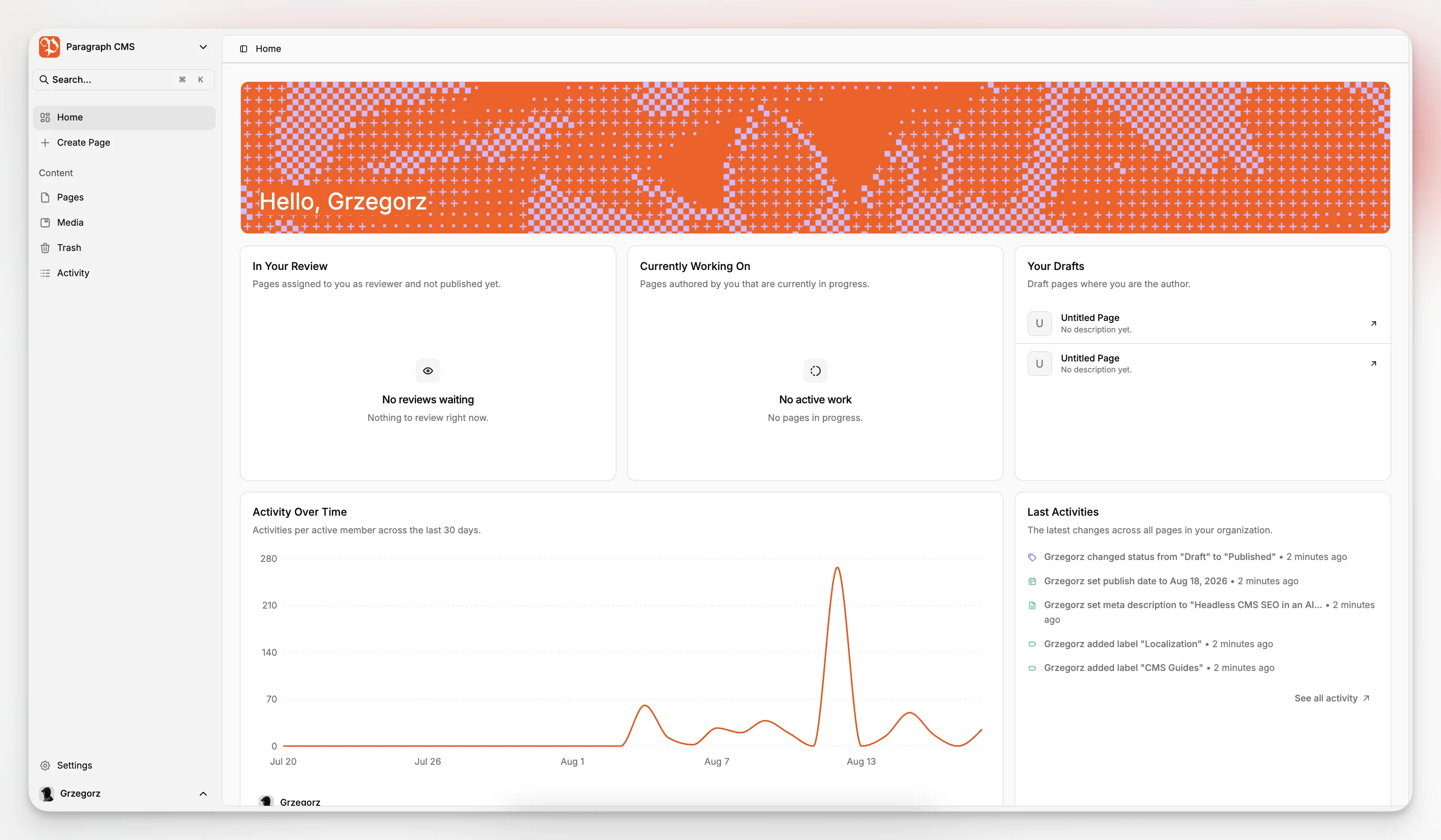Dashboard view of a content management system showing editorial workflows and AI-focused feature areas