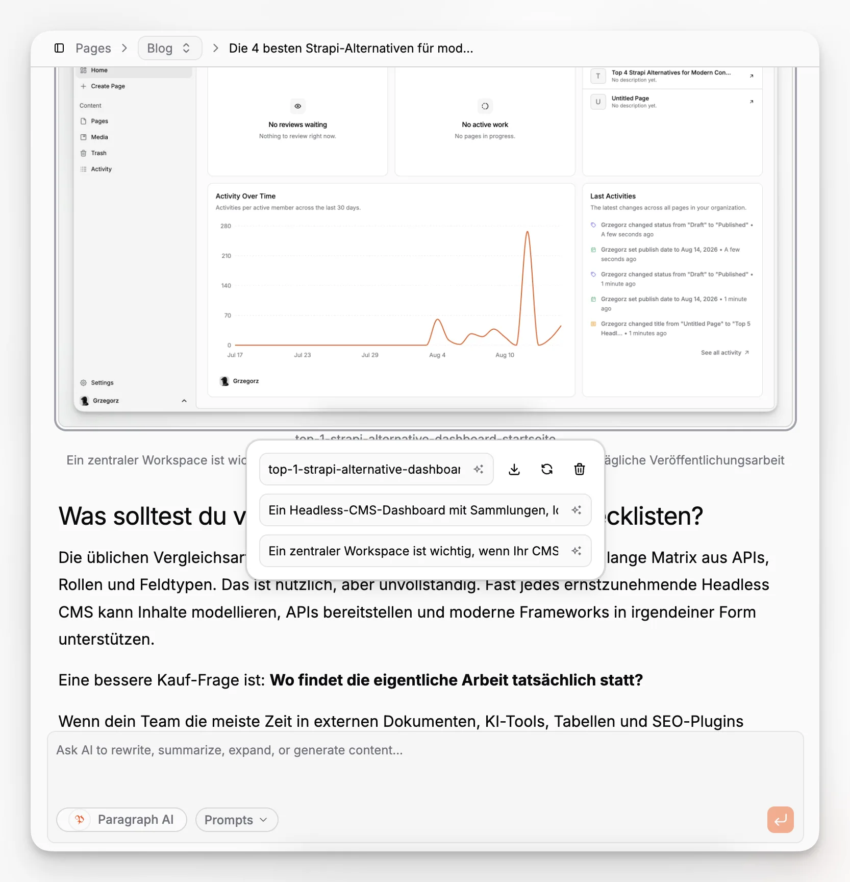 An asset library view with image metadata, usage references, and file details for published pages
