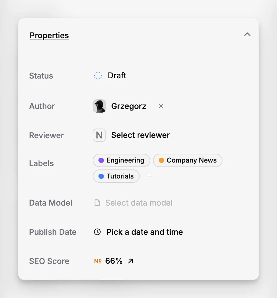 Properties oraz Details strony takie jak Status, Autor, Reviewer, Labels, Data Model, Publish Date oraz SEO Score