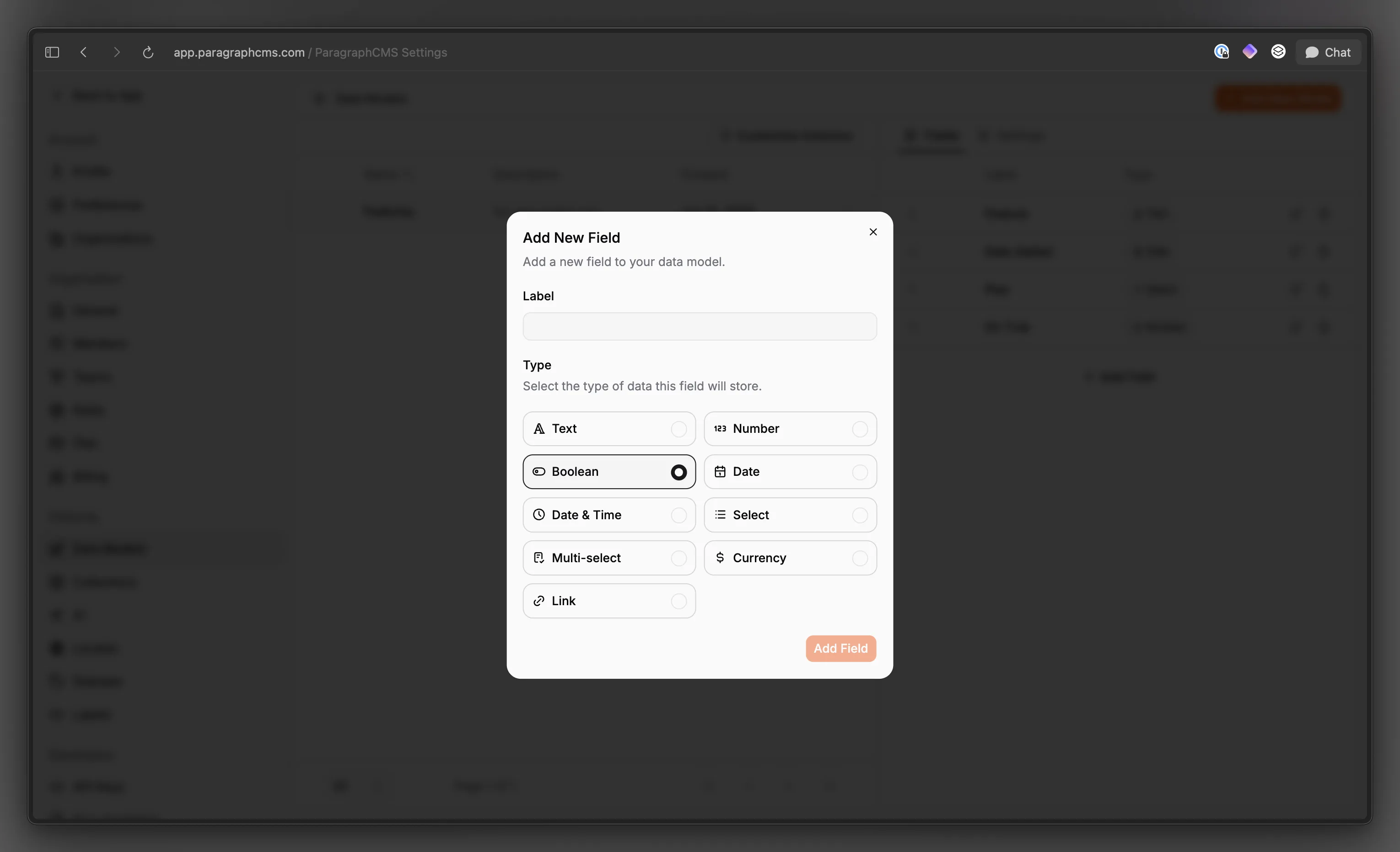 Add New Field dialog showing Text, Number, Boolean, Date, Date & Time, Select, Multi-select, Currency, and Link options.