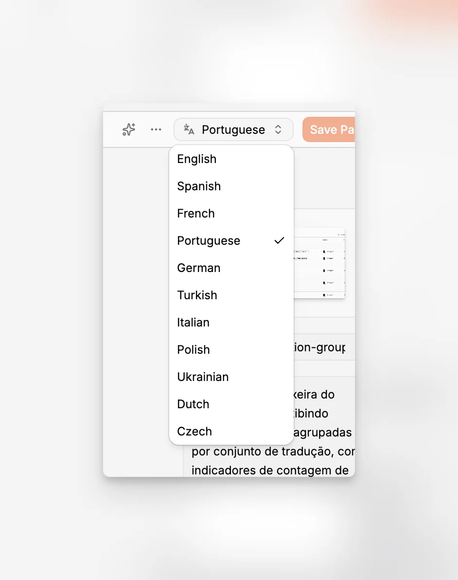 A localized content interface showing multiple language variants and translation controls
