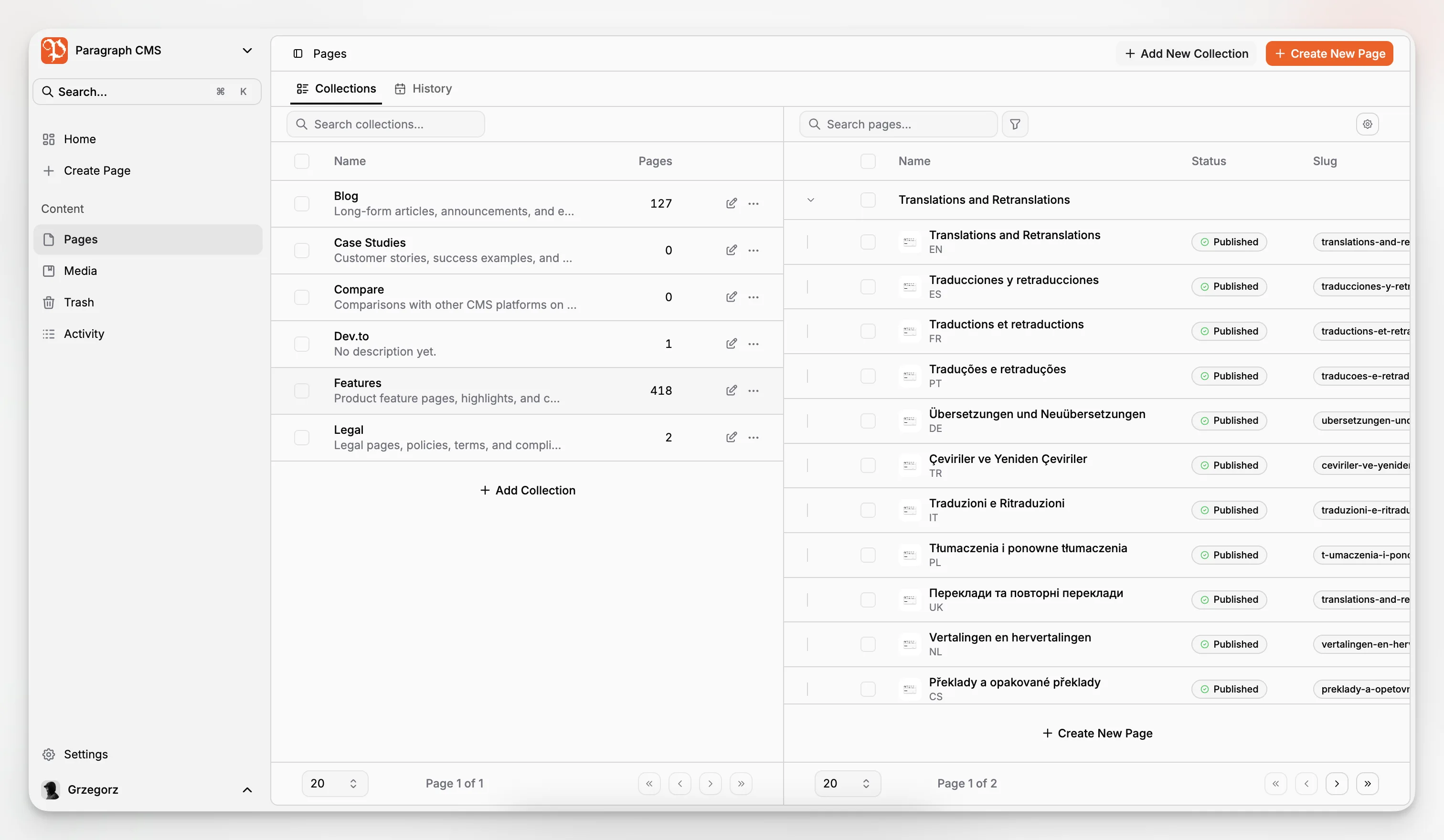 A page management screen listing structured content entries with statuses and navigation controls