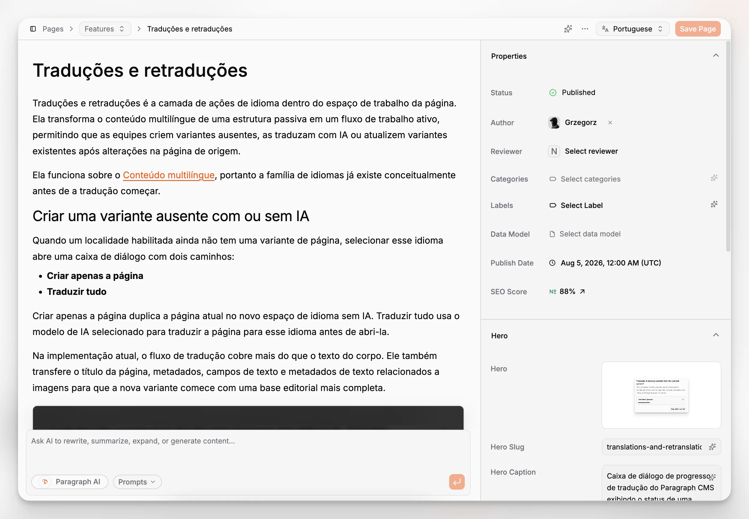 Un editor di contenuti mirato con testo ricco, assistenza AI e controlli editoriali circostanti