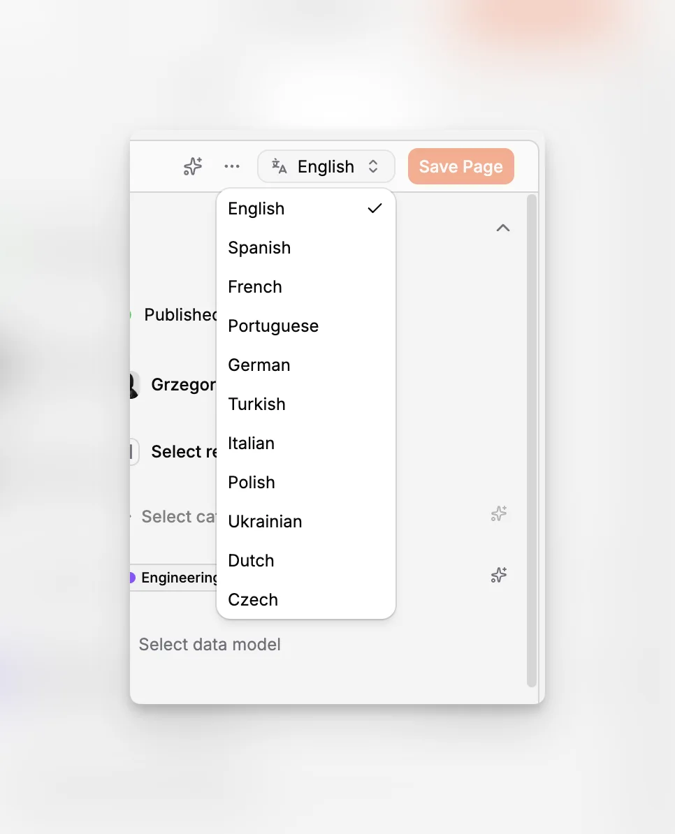 Un en-tête de page avec un sélecteur de langue pour passer d’une variante linguistique à l’autre de la même page