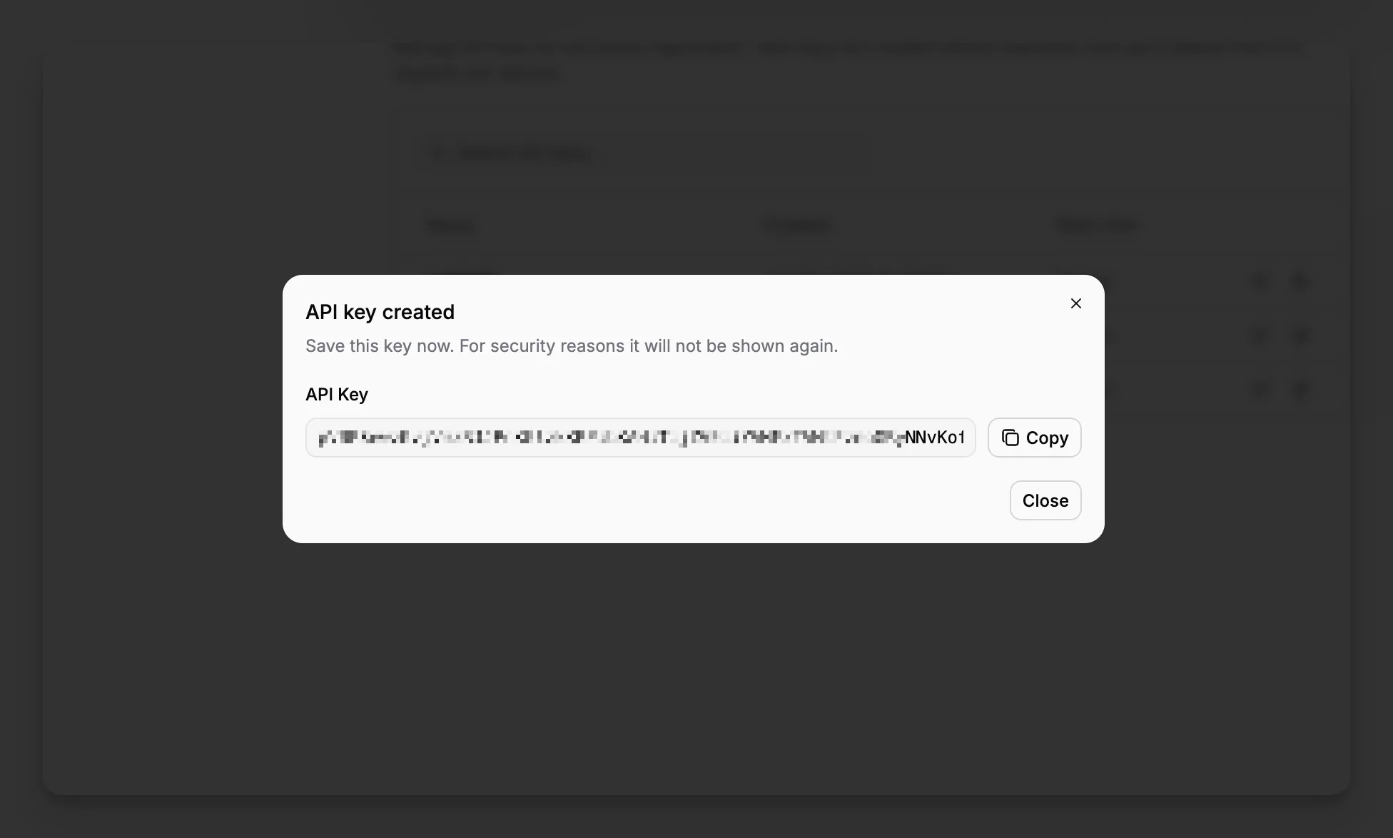 Finestra di dialogo della chiave API di Paragraph CMS che mostra la credenziale usata per connettere un'app SvelteKit.