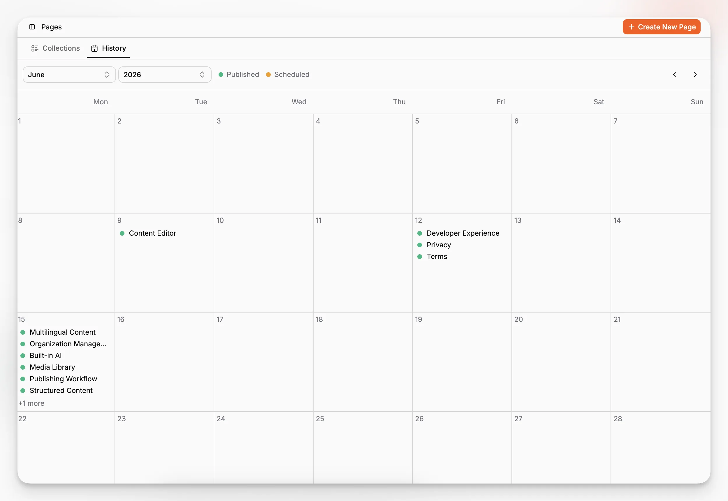 Calendario del Historial de Paragraph CMS que muestra páginas publicadas y programadas.