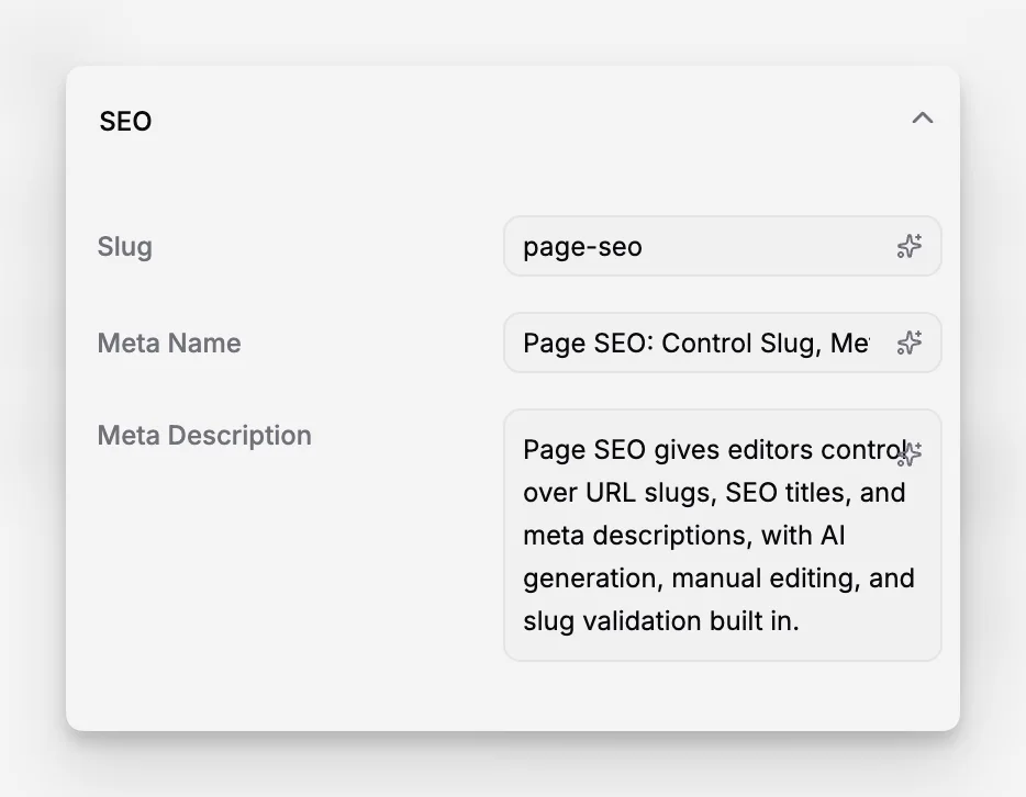 Sekcja SEO strony w Paragraph CMS po dodaniu do strony metadanych wygenerowanych przez AI