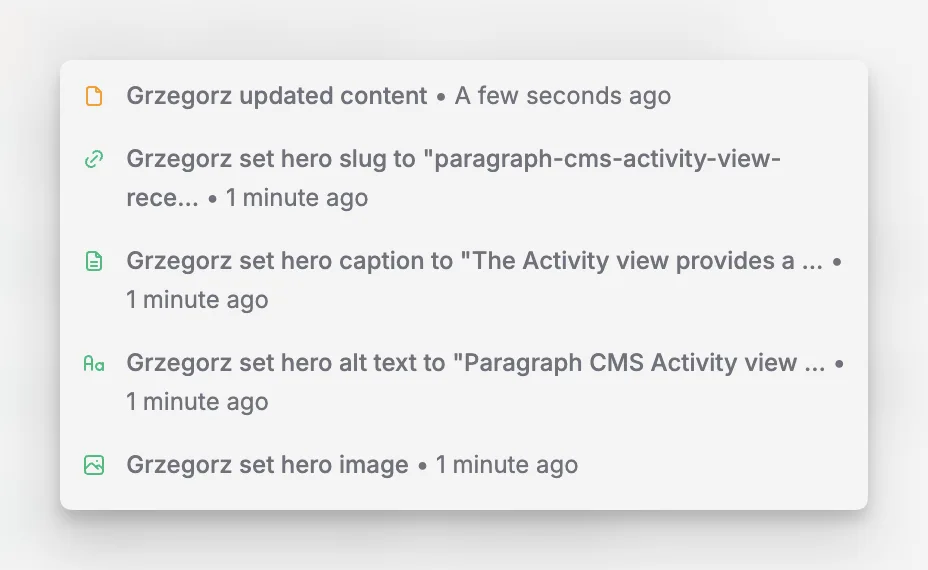 Flux d’activité de Paragraph CMS montrant différents types d’actions avec des icônes et des descriptions en langage clair.