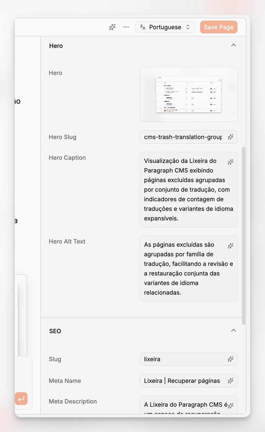 A page SEO interface with fields for search metadata, media metadata, and optimization suggestions