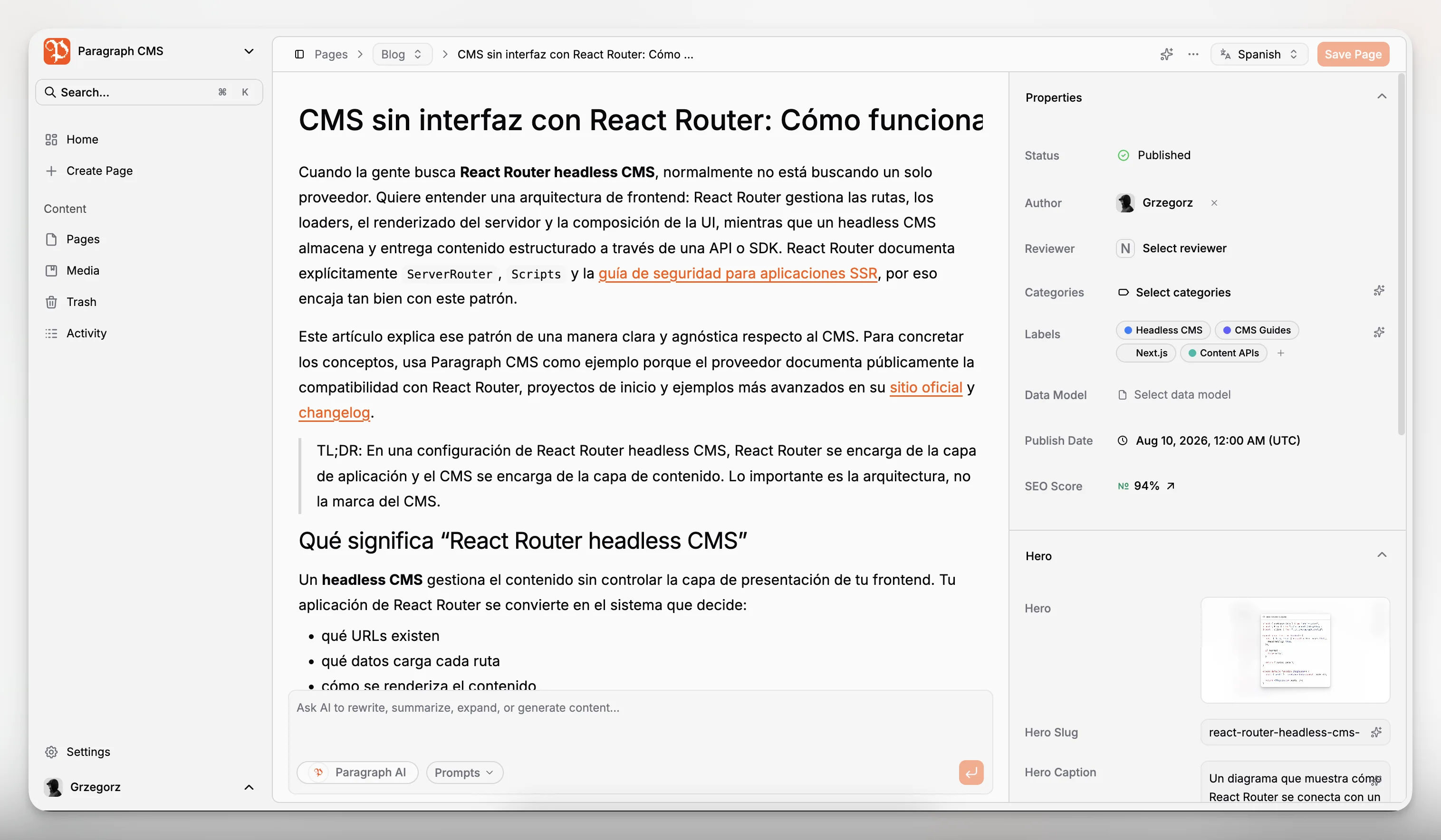A content editor using an AI assistant inside a structured article editing workflow