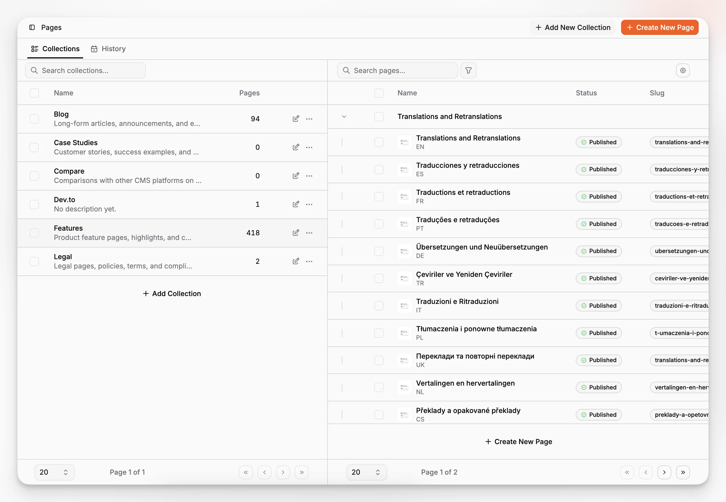 A headless CMS dashboard with pages, collections, and localized content organized in a single workspace