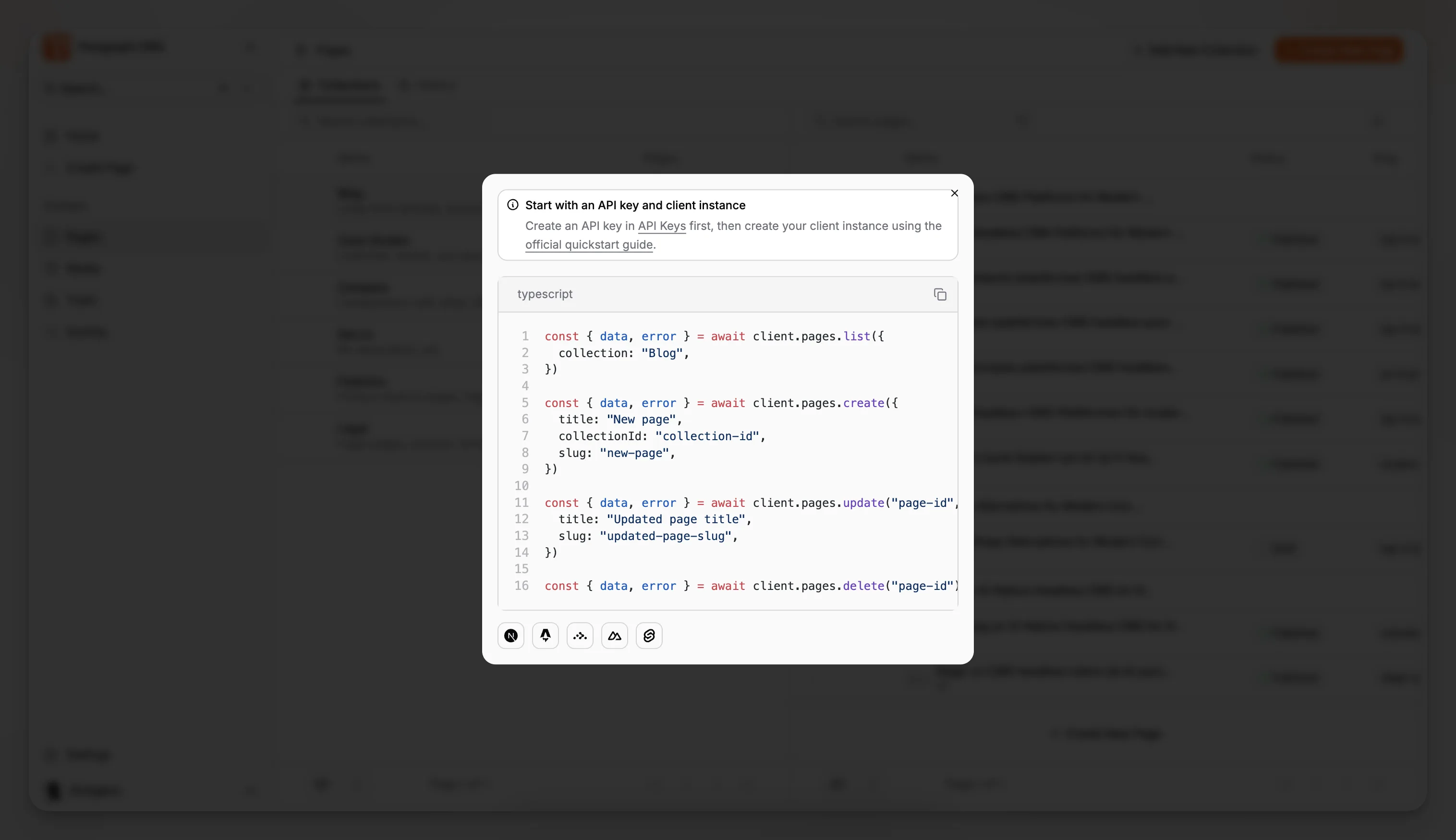 Ekran konfiguracji pokazujący obsługiwane frameworki frontendowe dla integracji z headless CMS