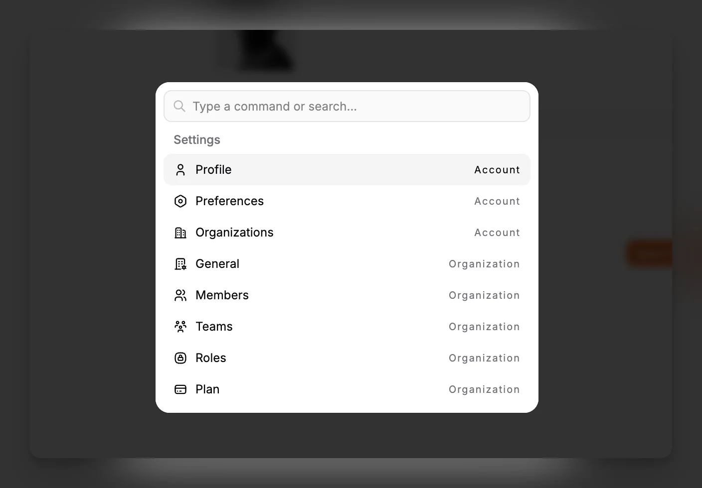 Menu comandi di Paragraph CMS che mostra per primi i comandi delle impostazioni nell'area delle impostazioni.