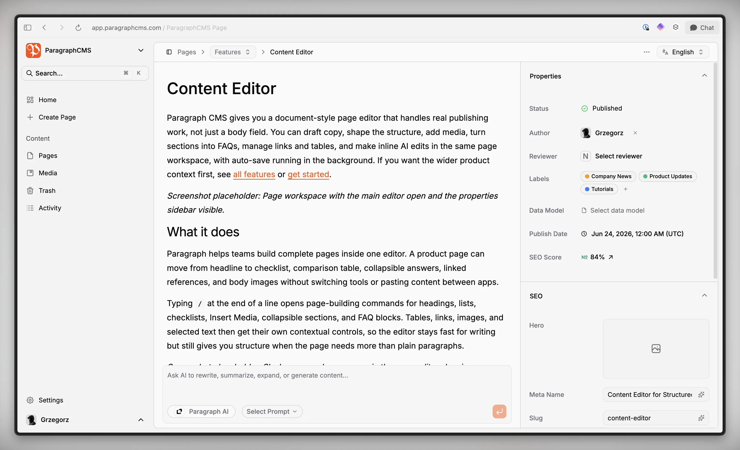 Page workspace with the main editor open and the properties sidebar visible.