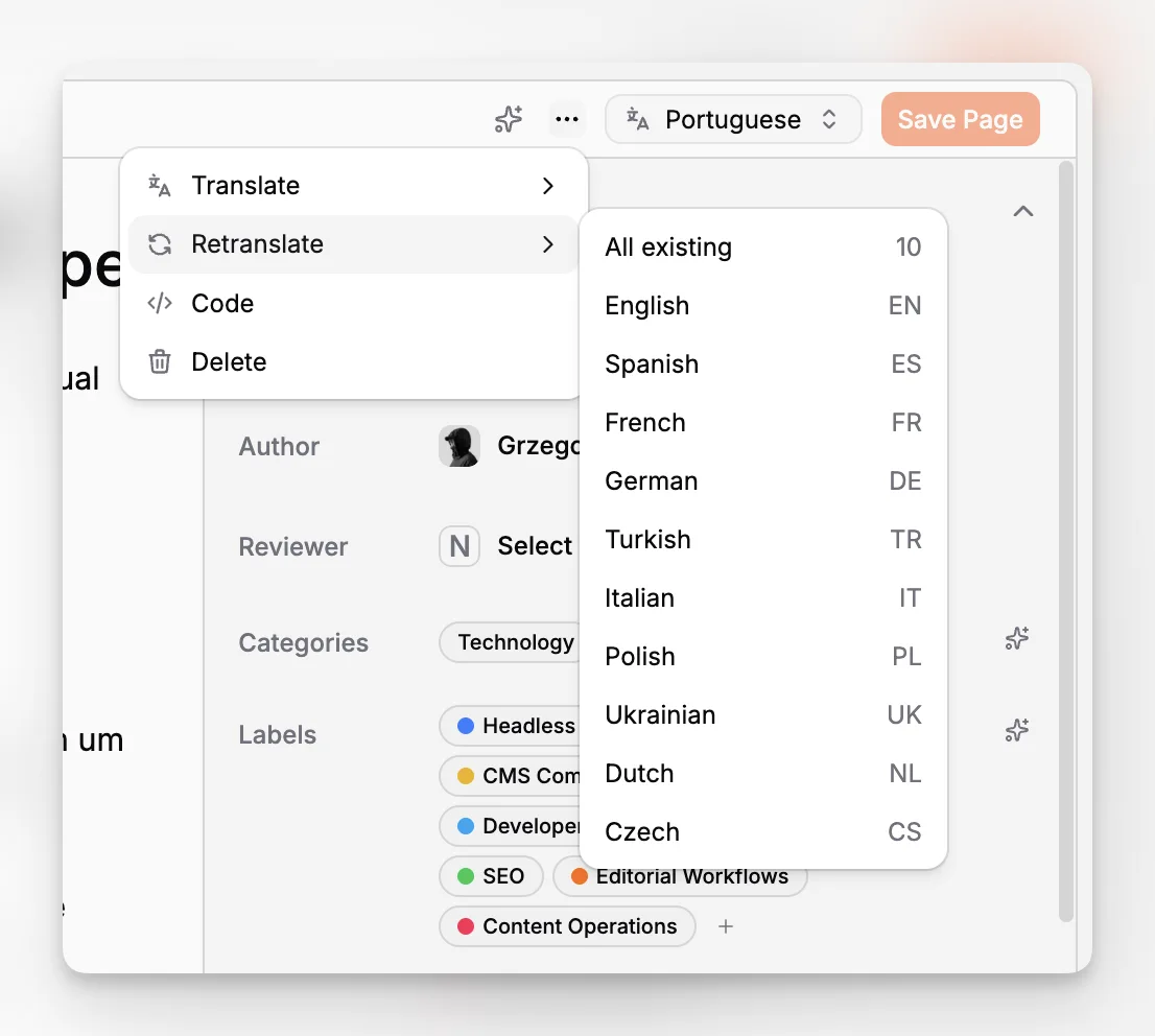 A content management system showing one page family expanded into multiple language variants