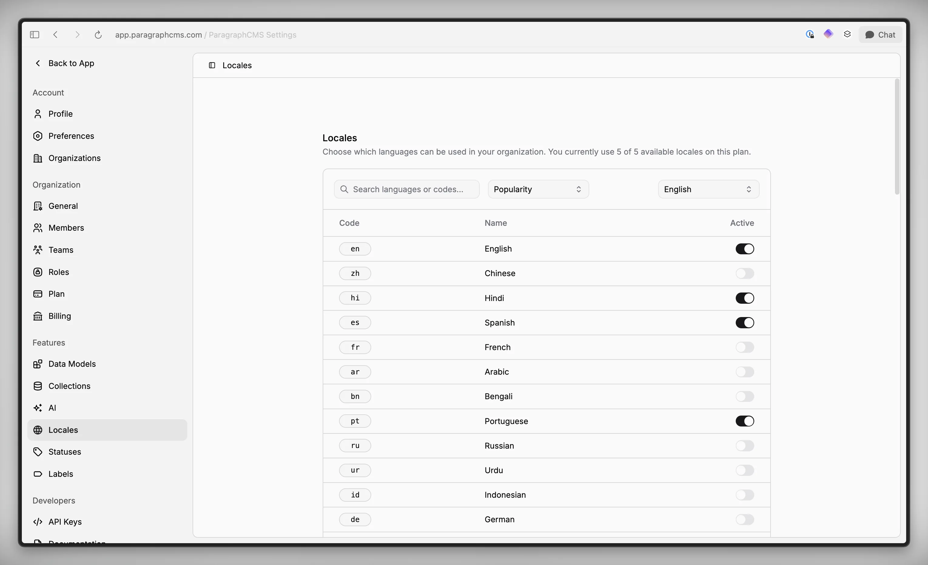 Locales settings screen with active language toggles and the Base language selector visible.