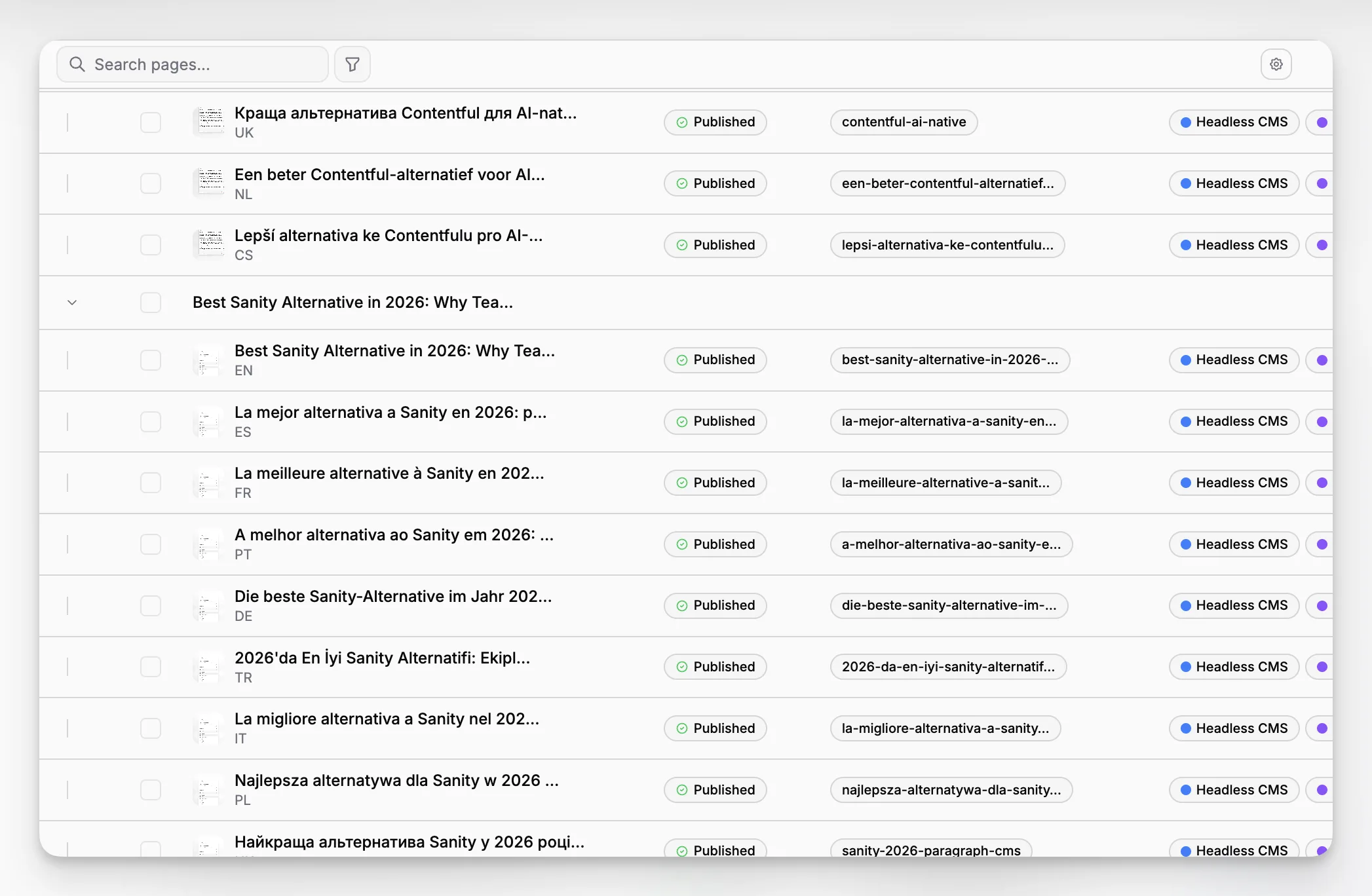 A page management screen showing article entries, statuses, and localized variants