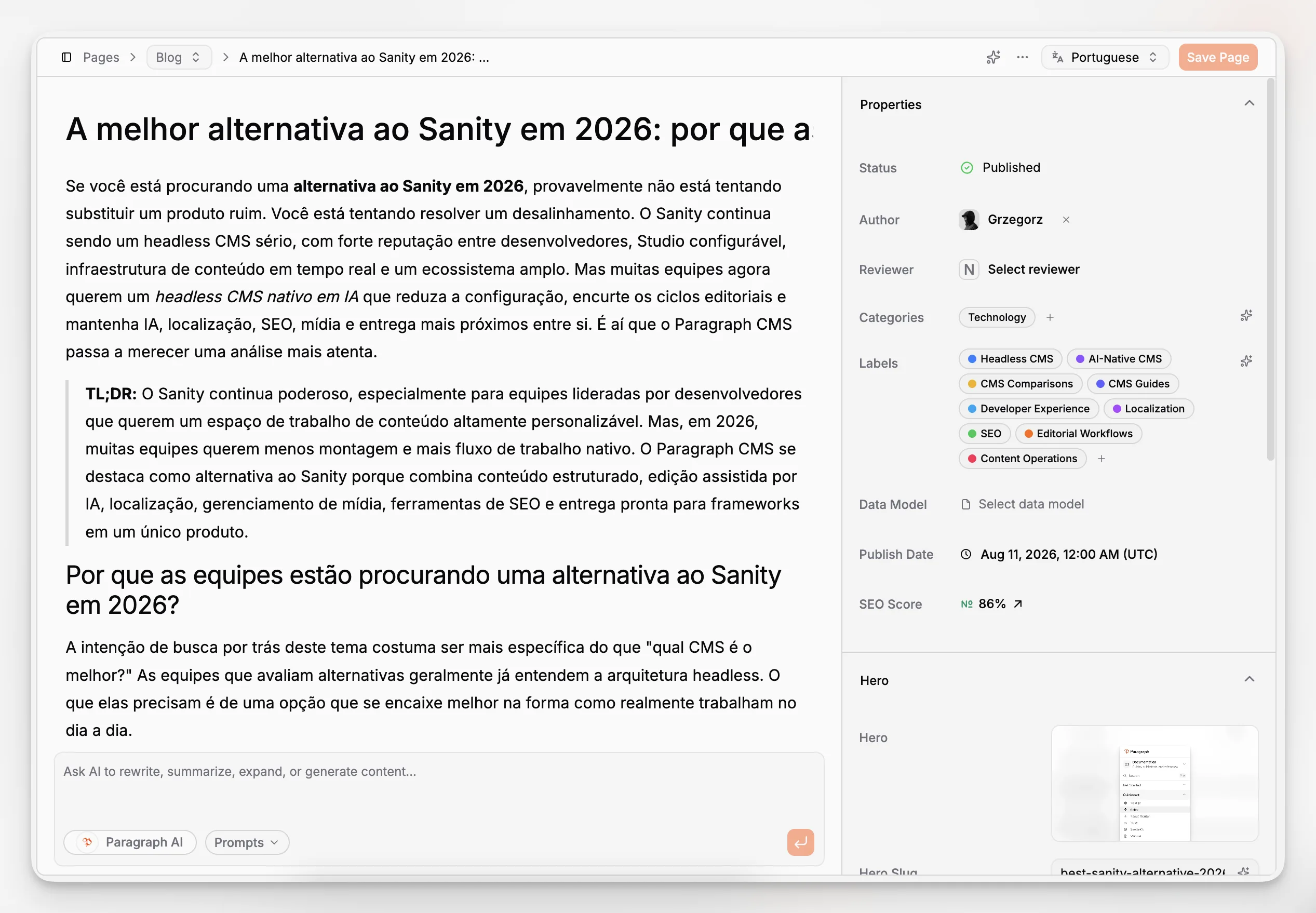 A visual editor interface for drafting and refining structured page content