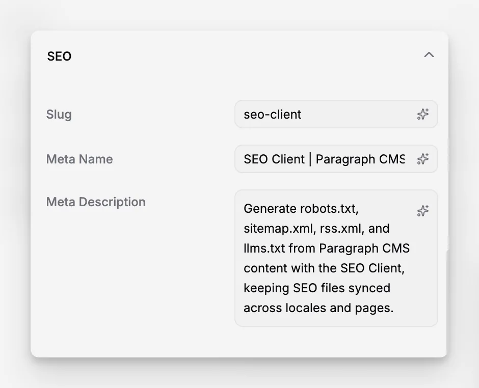 Editor de páginas de Paragraph CMS que muestra los campos de slug, meta name y meta description.