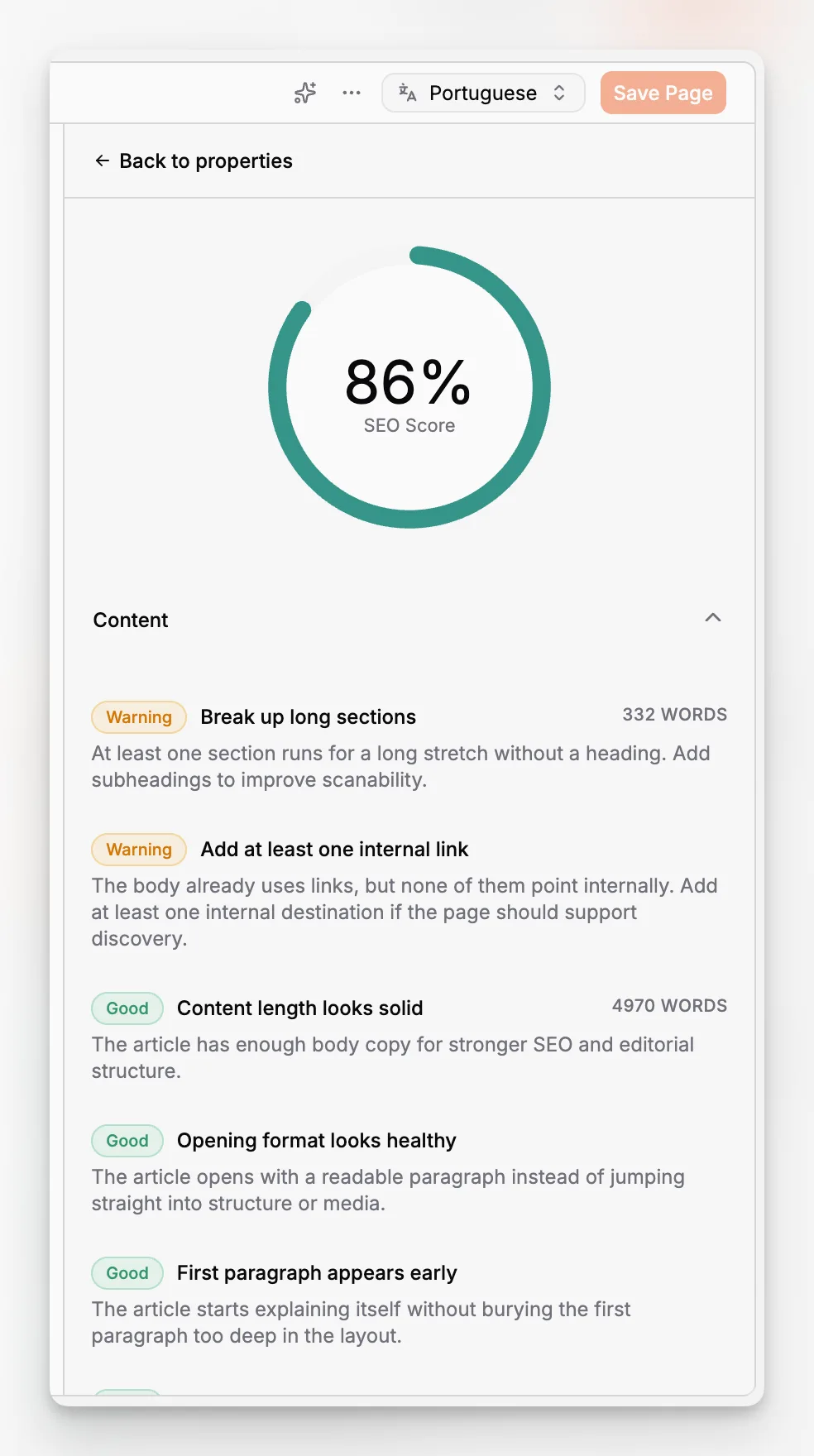A page SEO workspace with scores, recommendations, and metadata fields