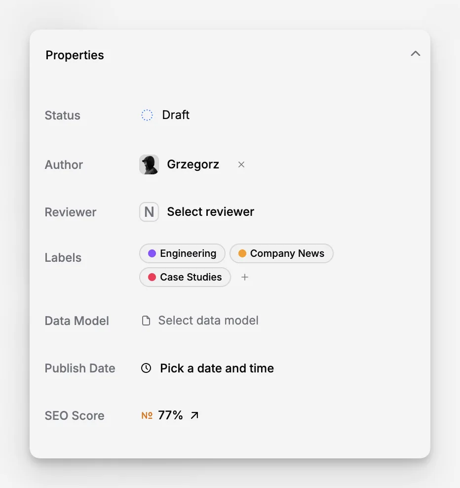 Paragraph CMS Seiteneigenschaften-Panel mit Steuerelementen für Workflow, Zuweisung und Planung.