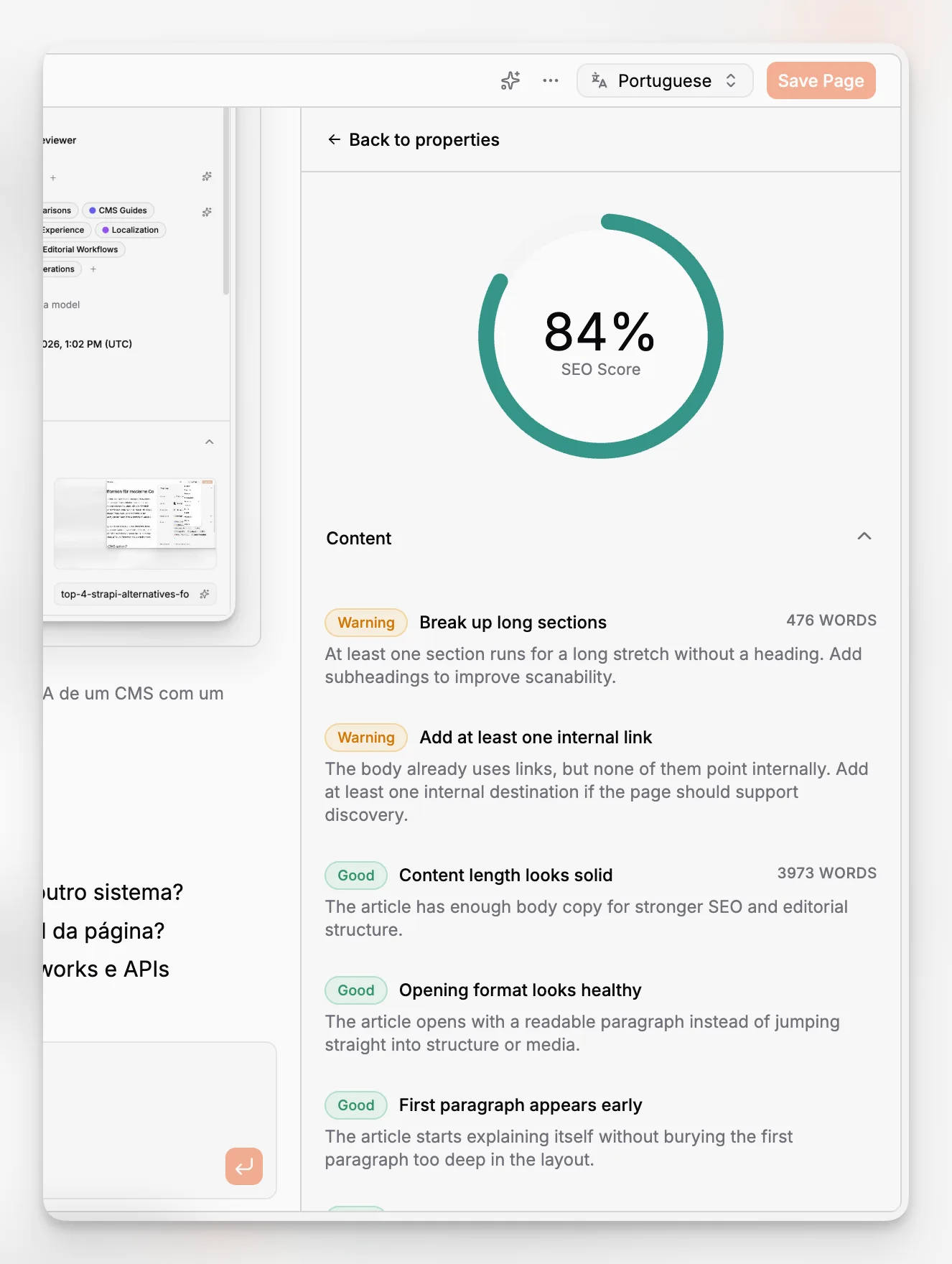Side panel with slug, SEO title, and meta description fields for a page