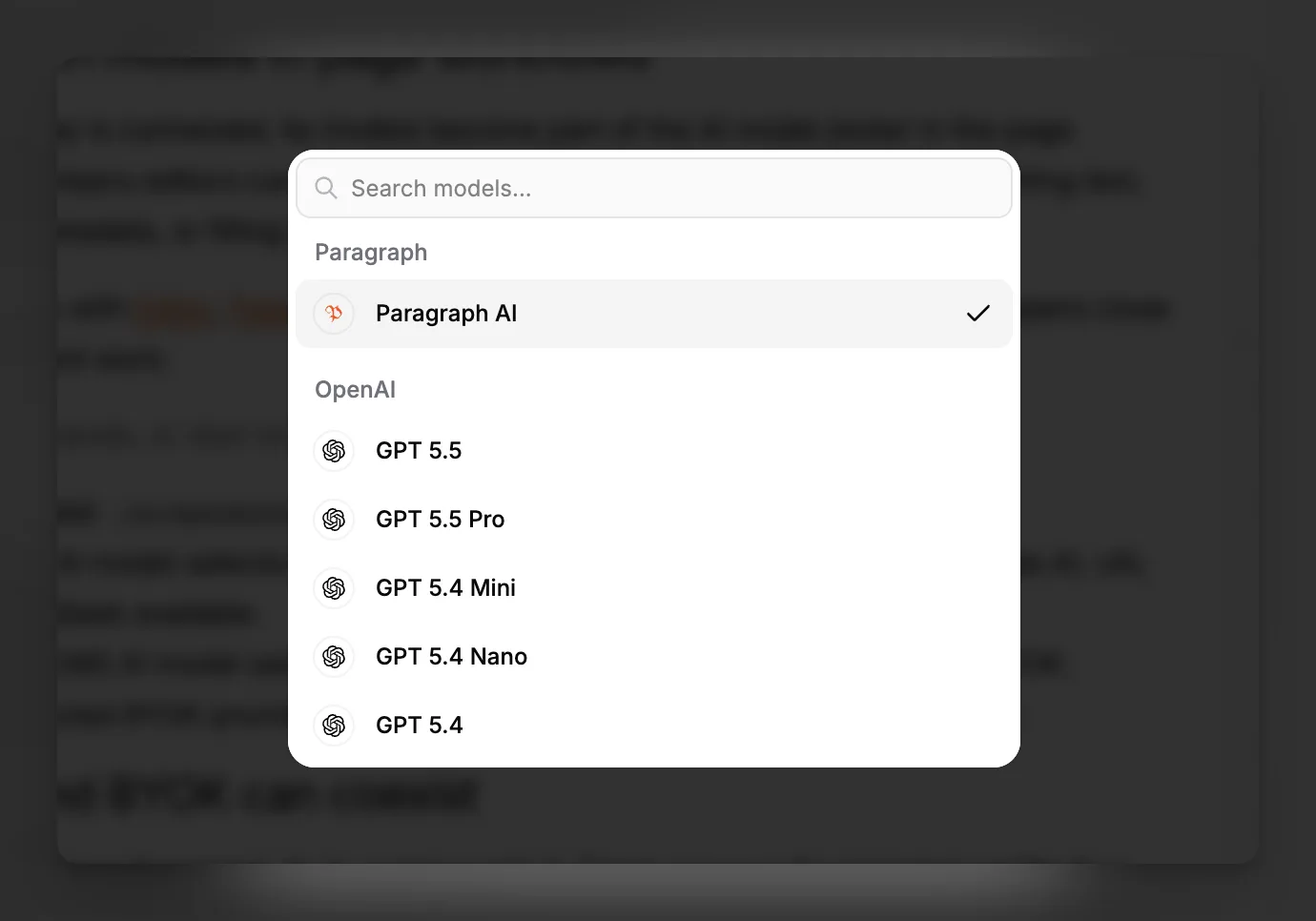 Výběr AI modelů v Paragraph CMS zobrazující externí modely připojené přes BYOK.