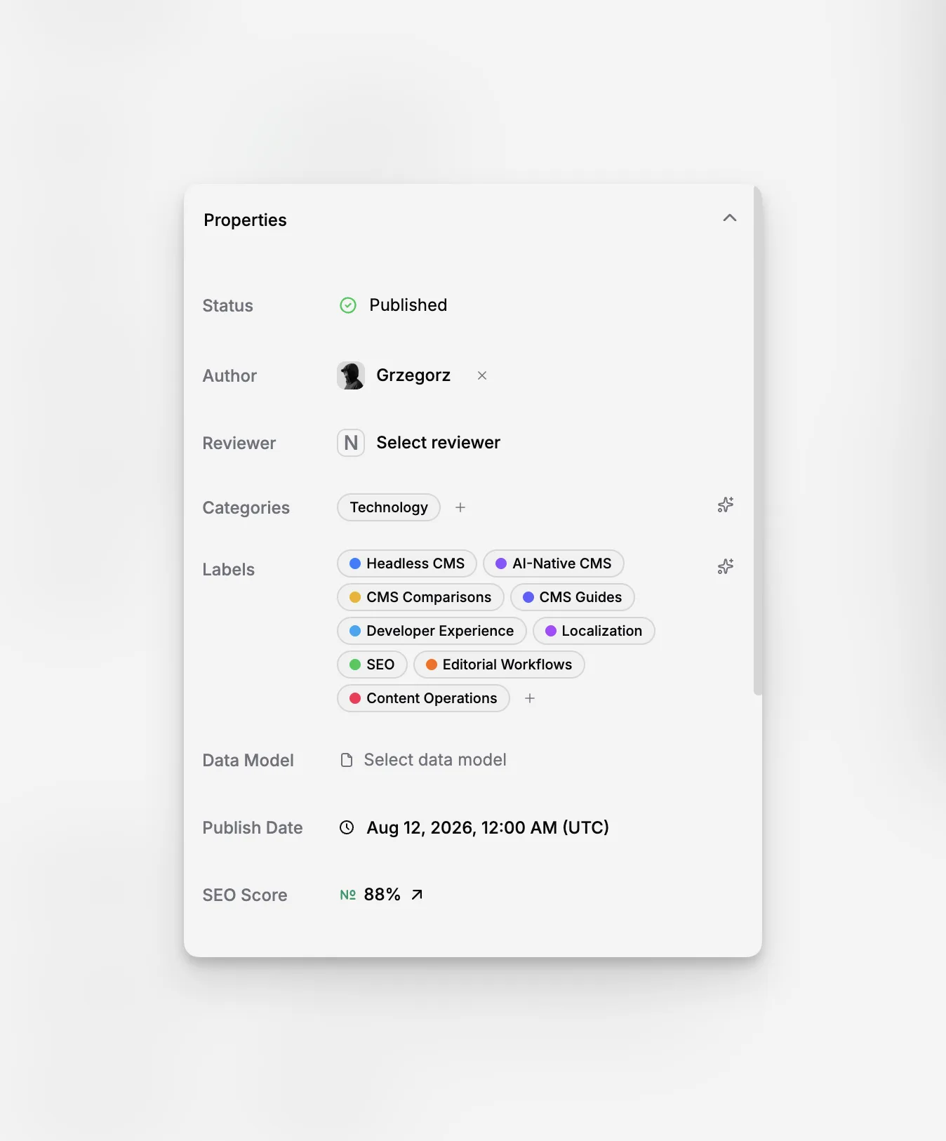 A page editing workflow combining content, metadata, and publishing readiness checks in one interface