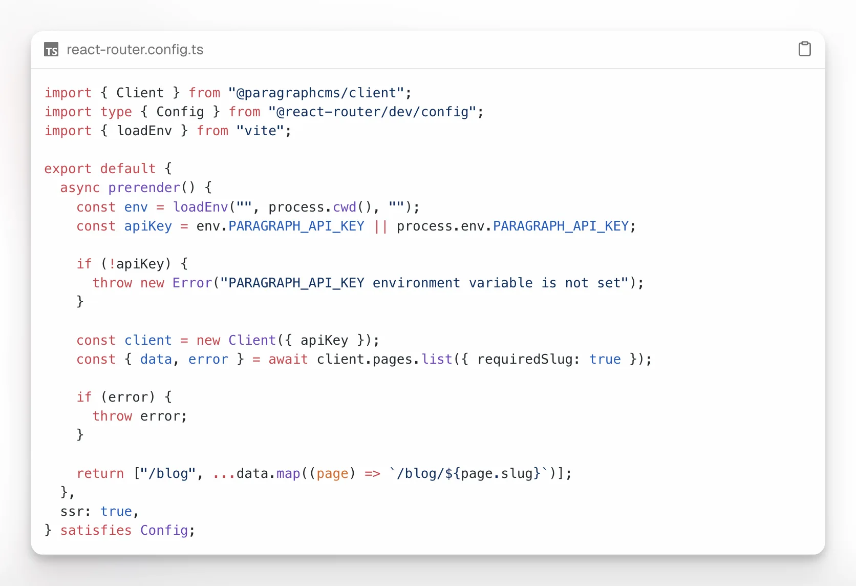 Dialoogvenster met codevoorbeelden van Paragraph CMS waarin React Router als officiële frameworkoptie wordt getoond.