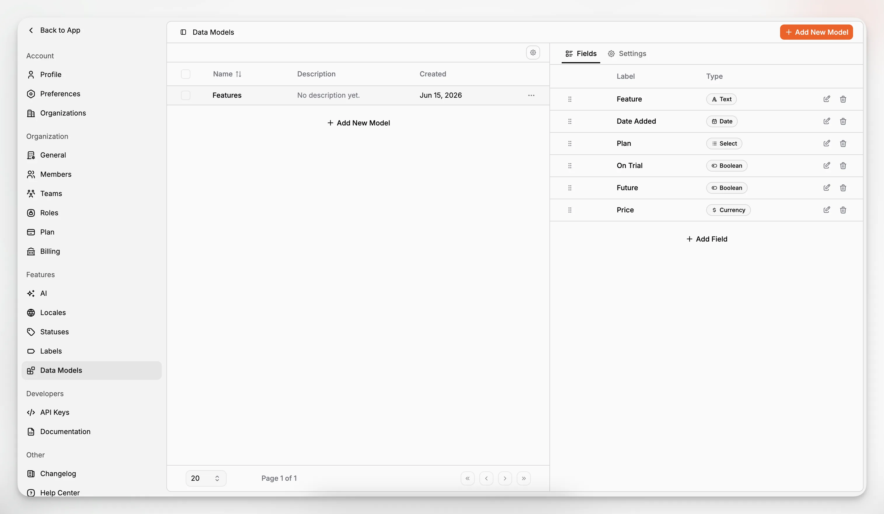 A content modeling screen defining fields, types, and reusable structures for pages