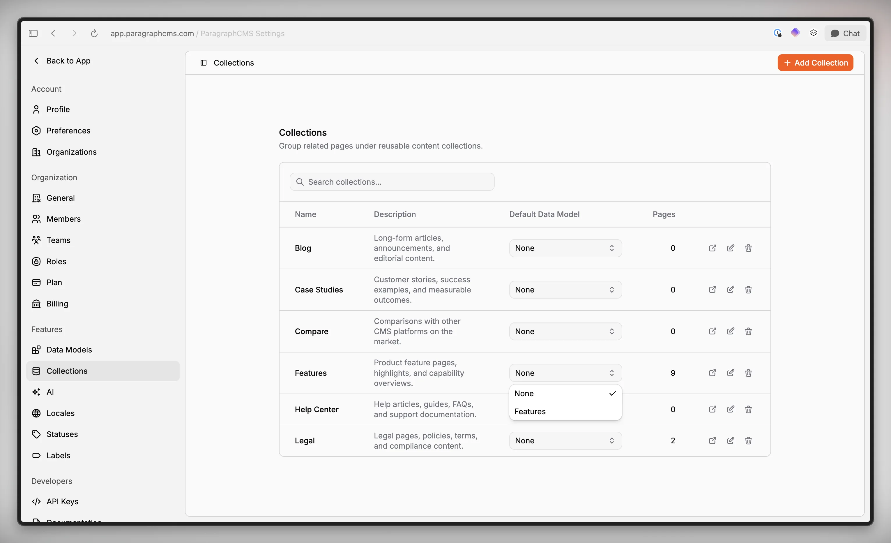 Collections screen showing the Default Data Model column for each collection.