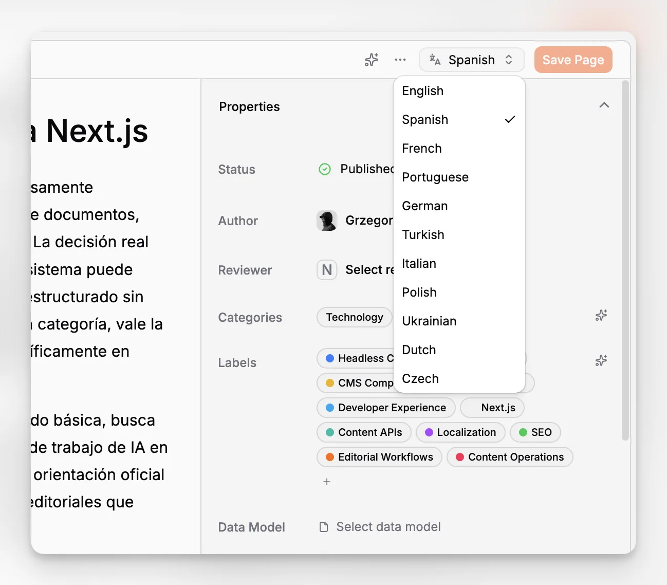 A localization workflow showing language variants and translation actions for a structured article