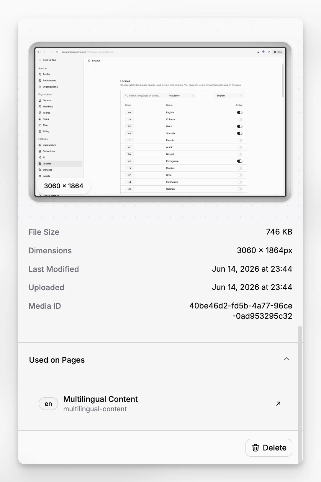 Properties and Details of the selected image, including the pages on which it is used.
