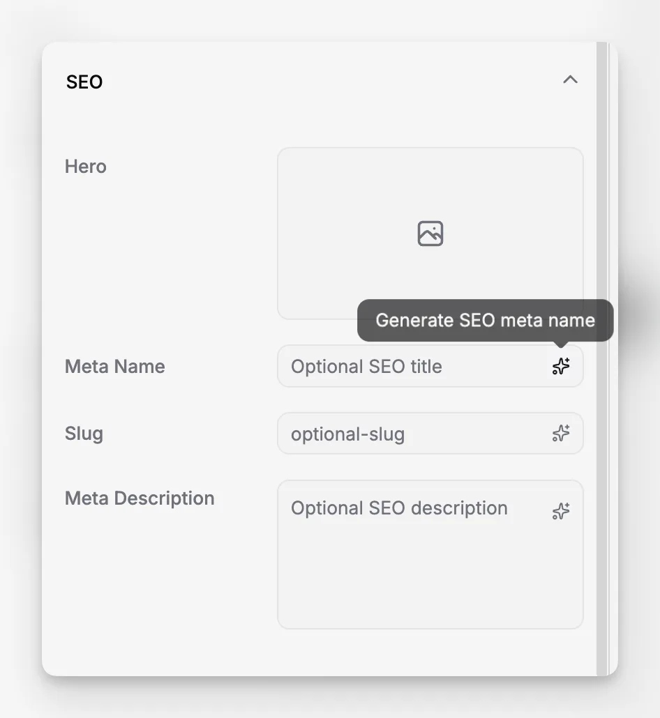 Meta Name or Meta Description field with the AI generate button inside the SEO accordion.