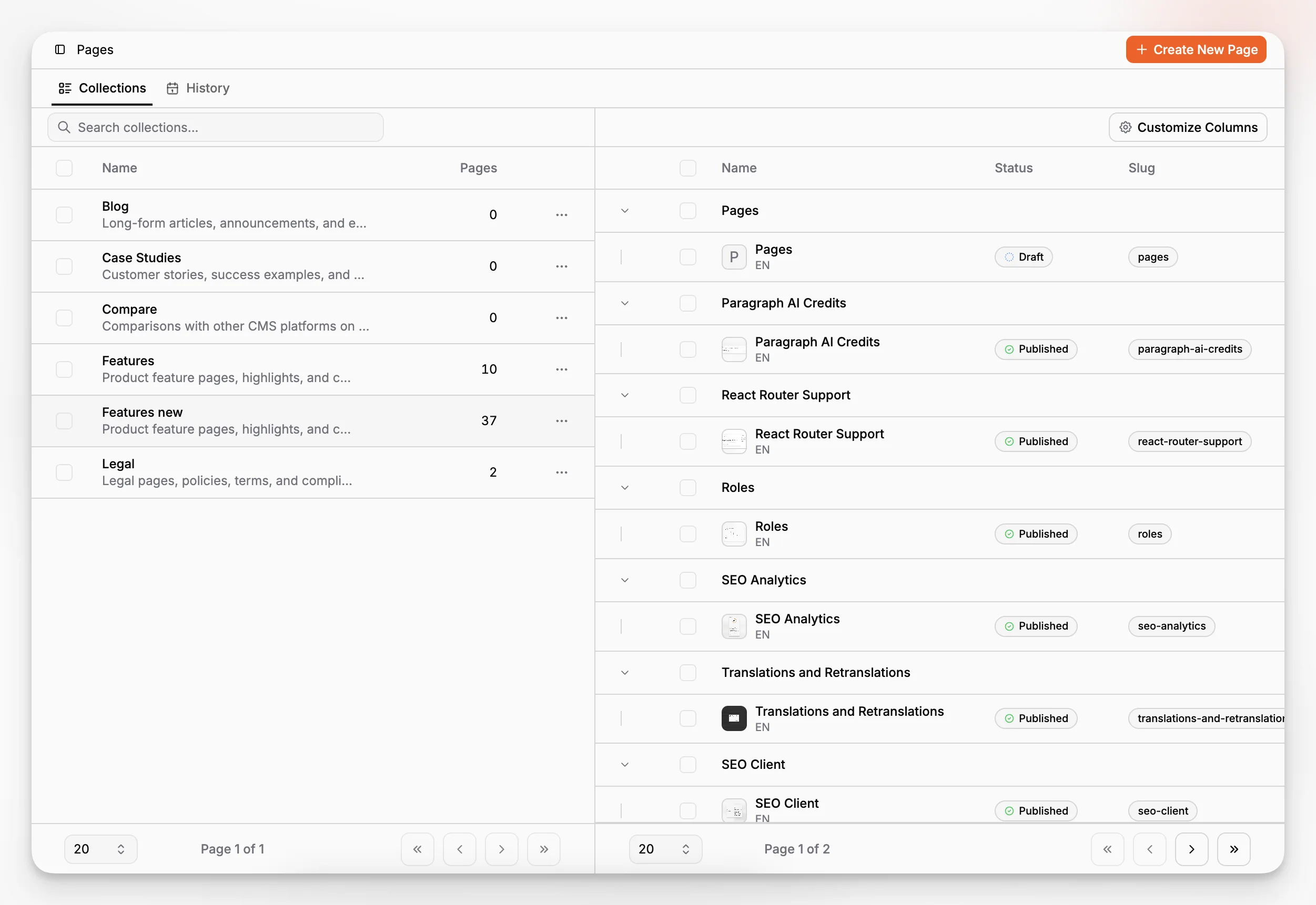 Paragraph CMS Pages-Arbeitsbereich mit Sammlungen und den Seiten innerhalb einer ausgewählten Sammlung.