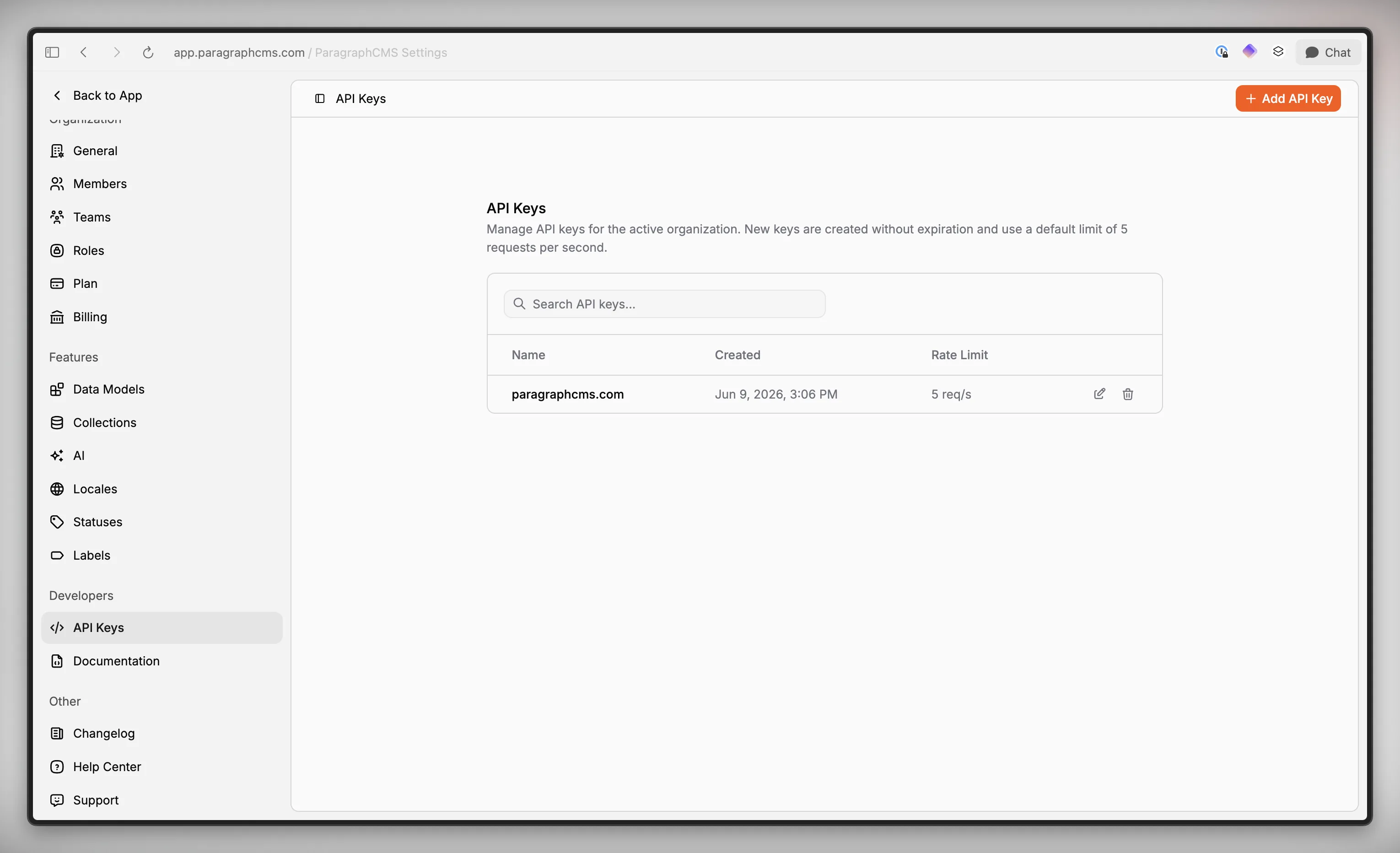 Settings > Developers > API Keys page with the API keys table, Add API Key button, and rate limit column visible