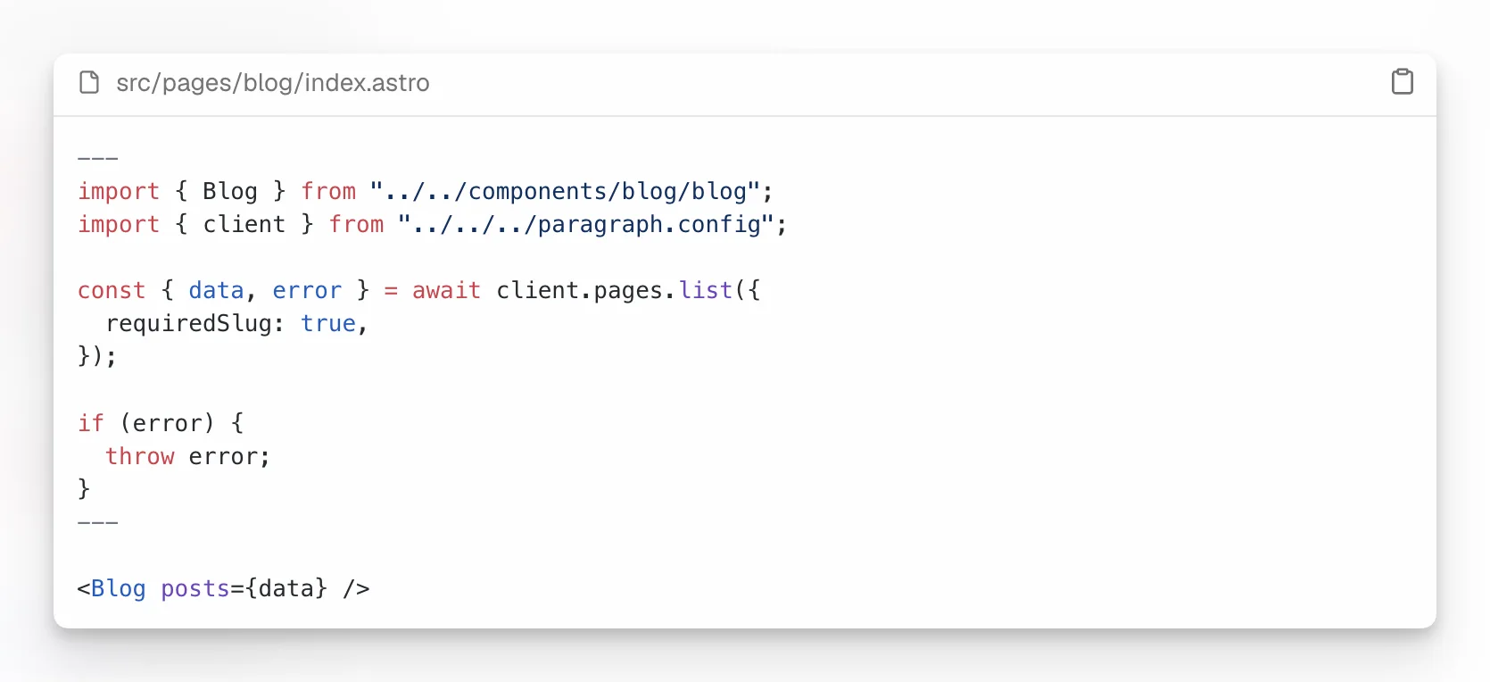 Codebeispiel-Dialog von Paragraph CMS, der Astro als einen der offiziellen Framework-Einstiegspunkte zeigt.