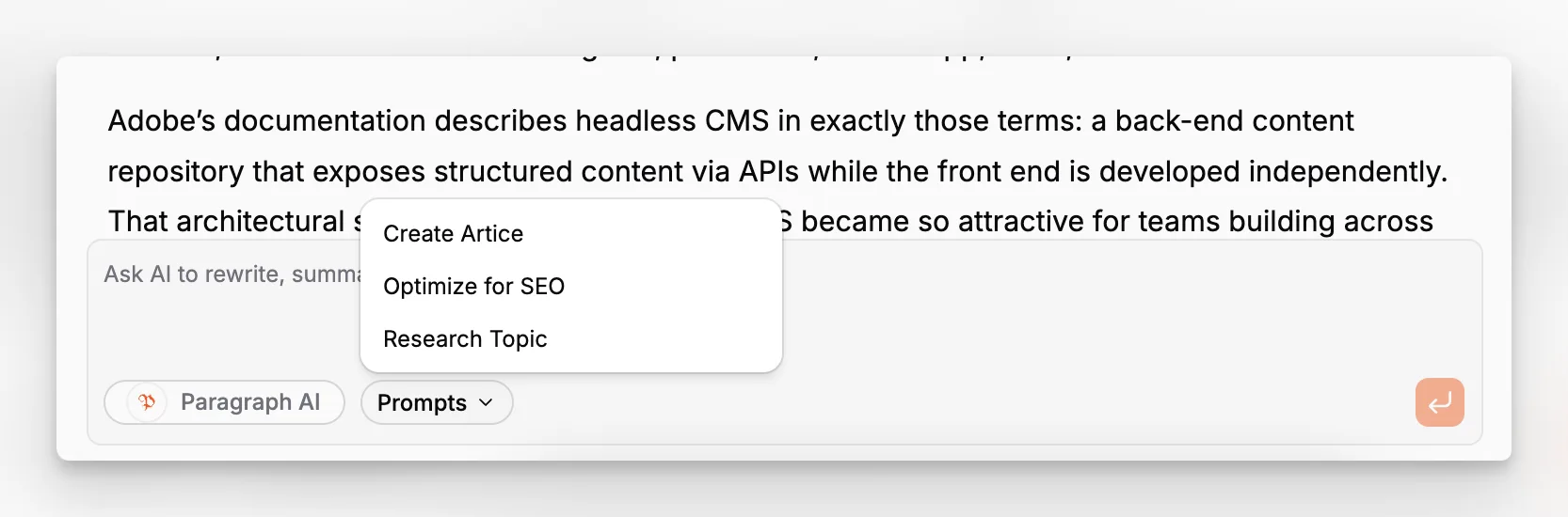 Interface des prompts IA de Paragraph CMS pour des workflows de génération réutilisables