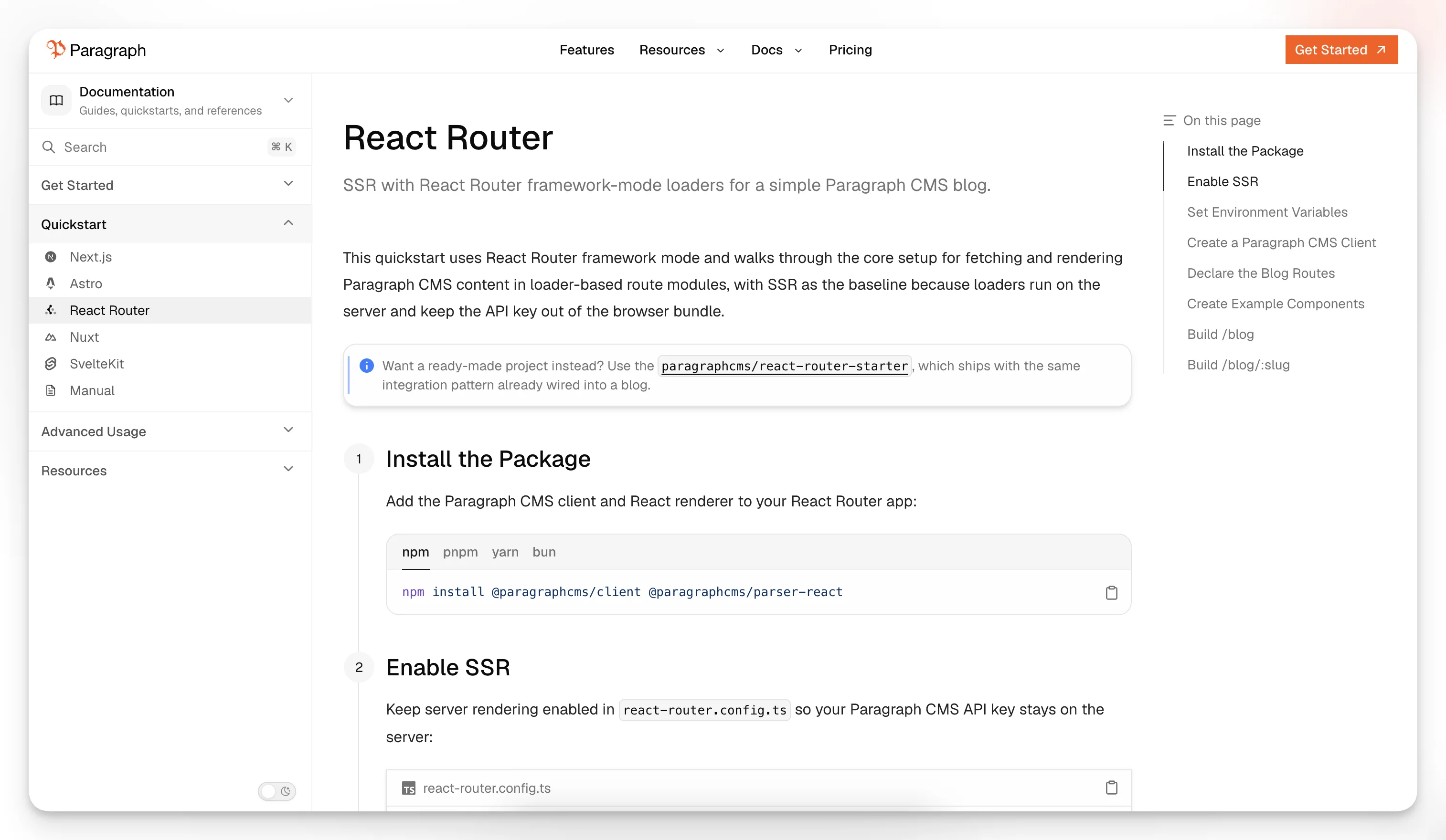 Cliente de CMS compartilhado configurado com uma chave de API do lado do servidor para uso em todos os loaders do React Router.