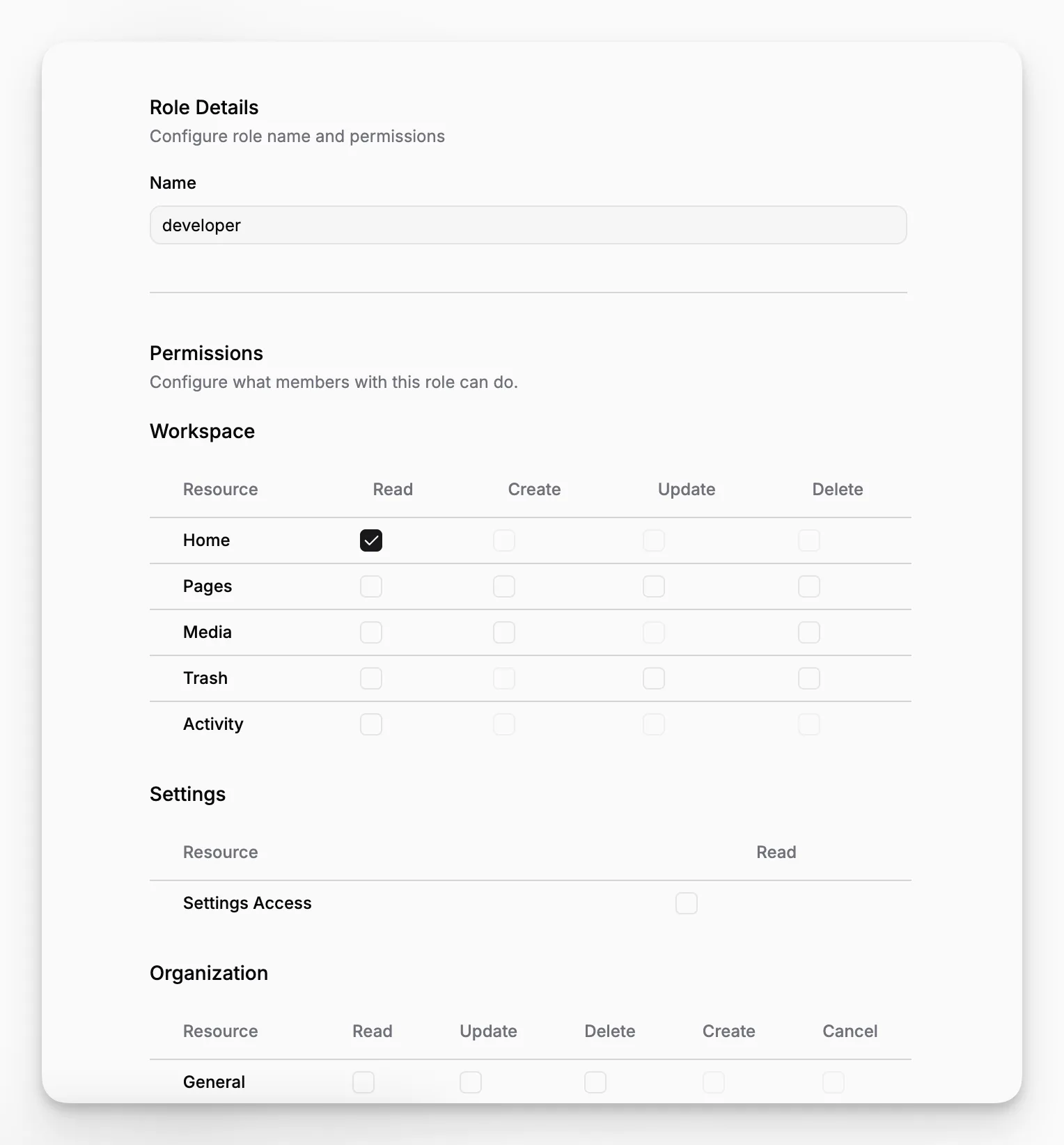 A roles and permissions screen used to manage editorial access in a content management system