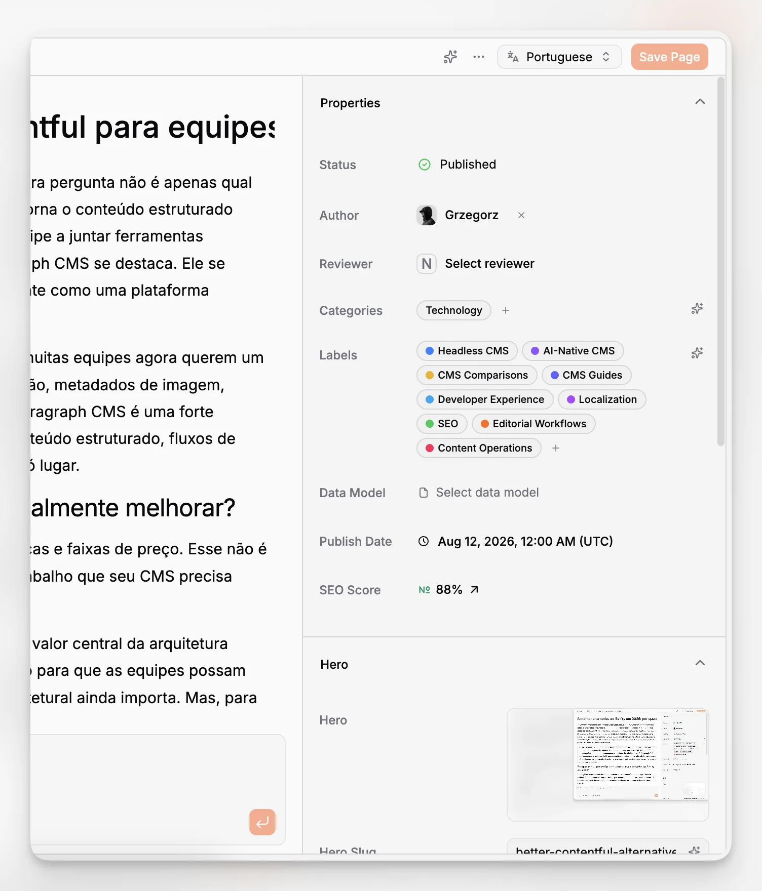 Панель налаштувань SEO для контентної сторінки з полями метаданих, орієнтованими на пошук, і рекомендаціями з оптимізації