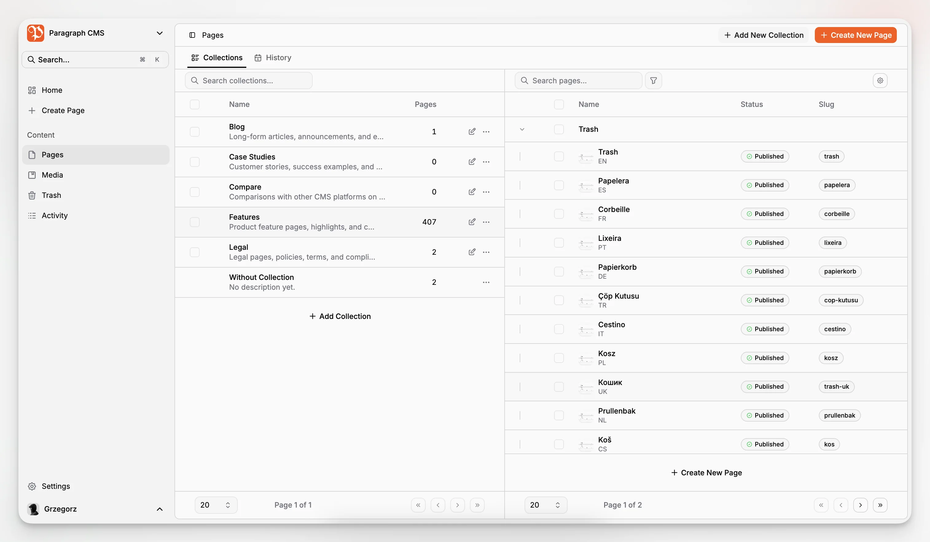 Paragraph CMS Seitenansicht zur Verwaltung von Seiteneinträgen und Veröffentlichungs-Workflow