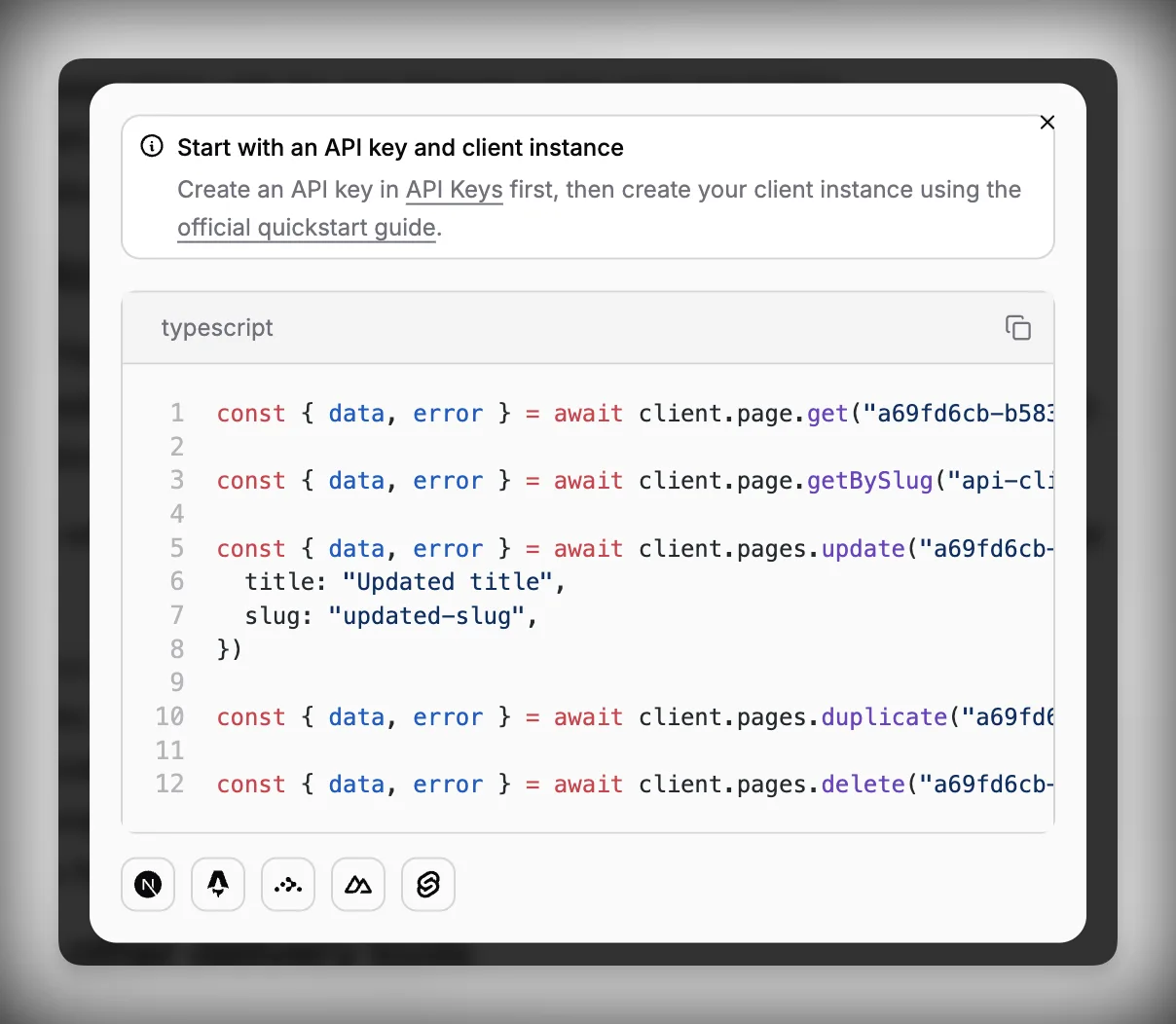 Paragraph CMS-dialoogvenster met codevoorbeelden voor het gebruiken van content via de API Client.