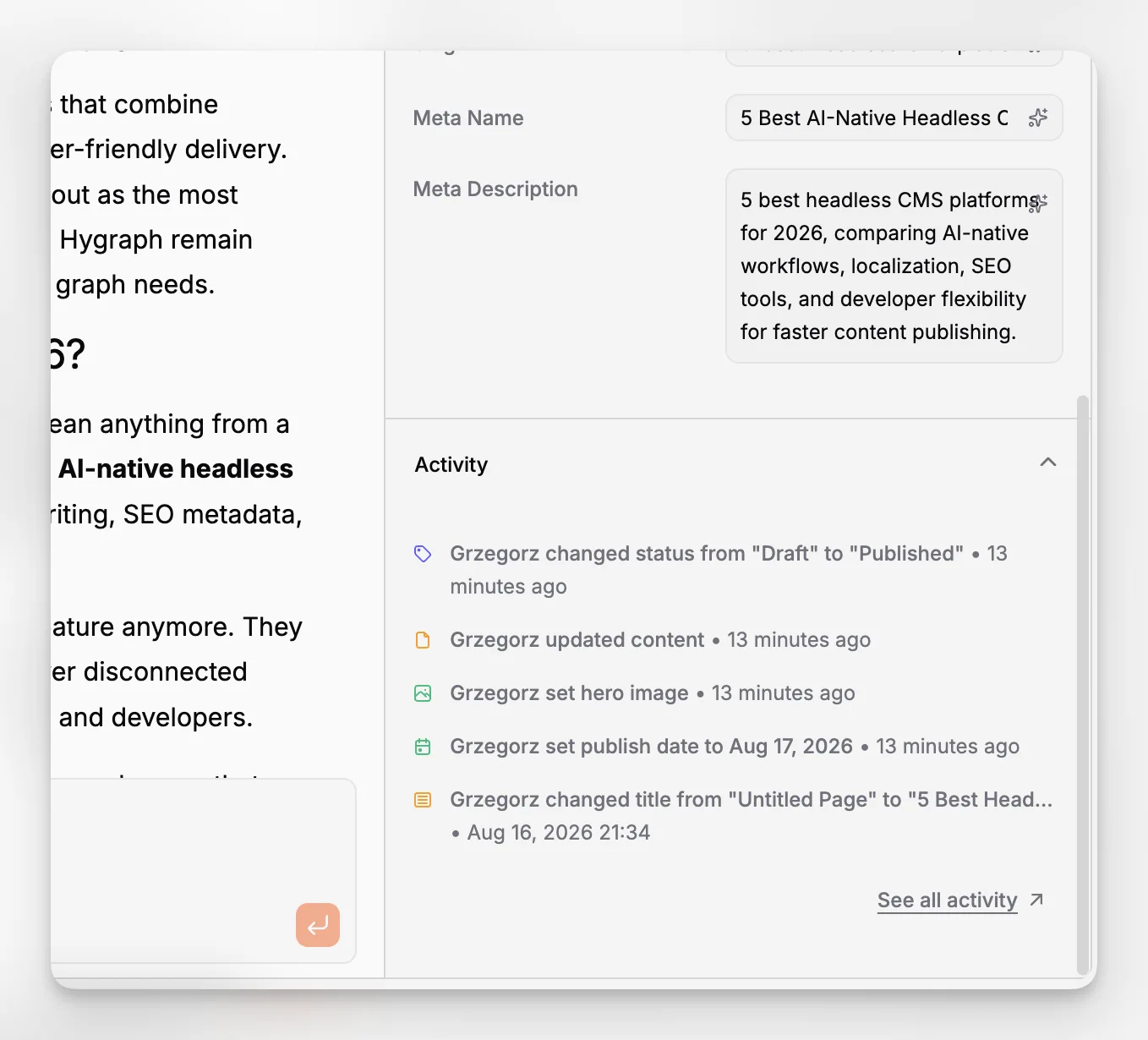 A page activity timeline showing edits, status changes, and collaboration history