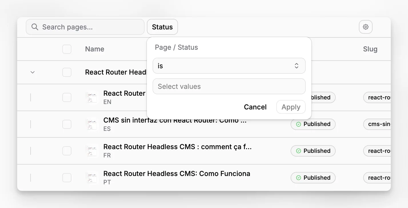 Paragraph CMS Pages table showing the search field, filter controls, and applied filter badges